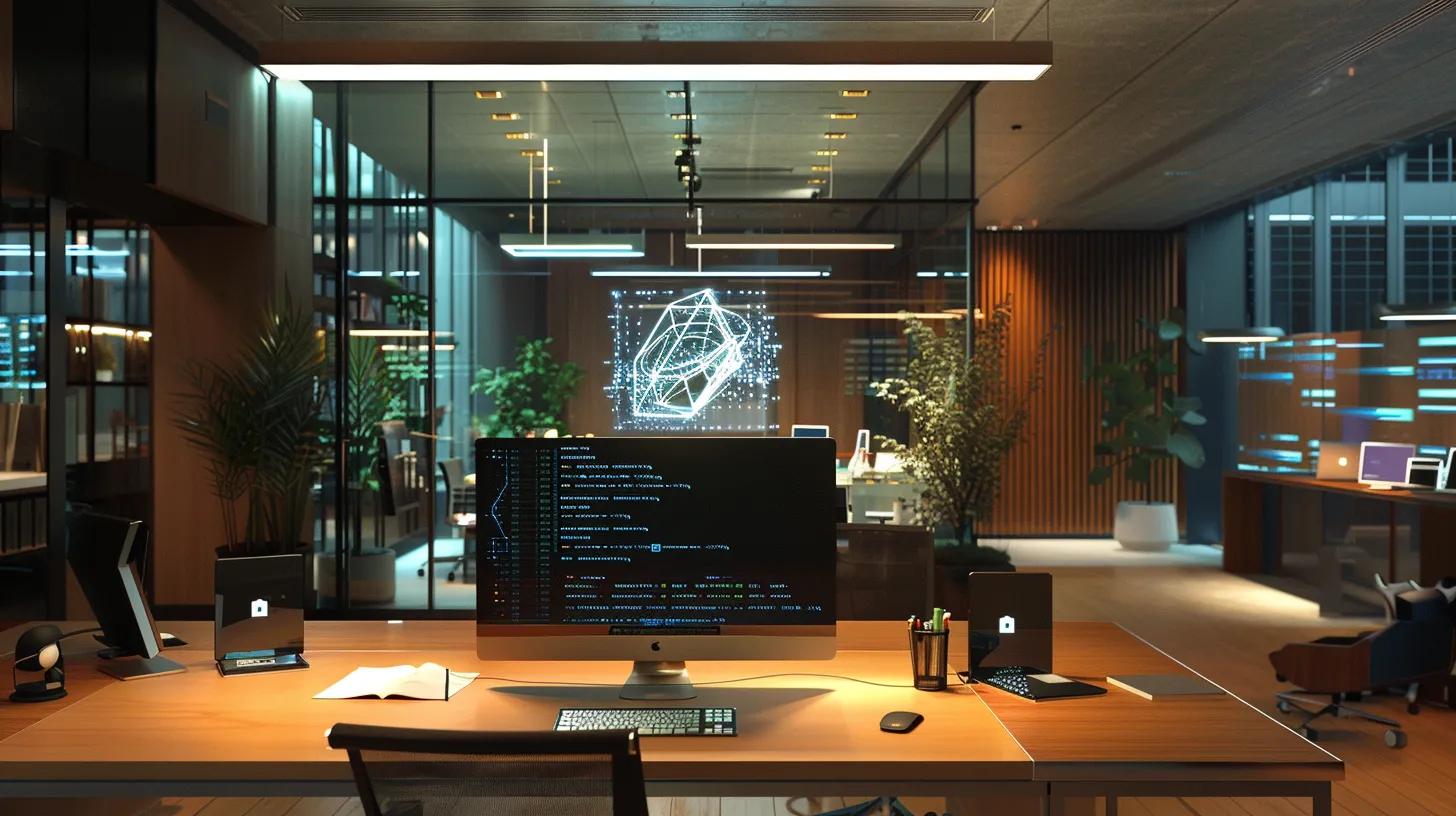 a sleek, modern office workspace features a high-tech computer setup displaying intricate encryption algorithms and blockchain diagrams on the screen, surrounded by futuristic security devices and a holographic interface, illustrating the cutting-edge trends in secure document storage solutions.