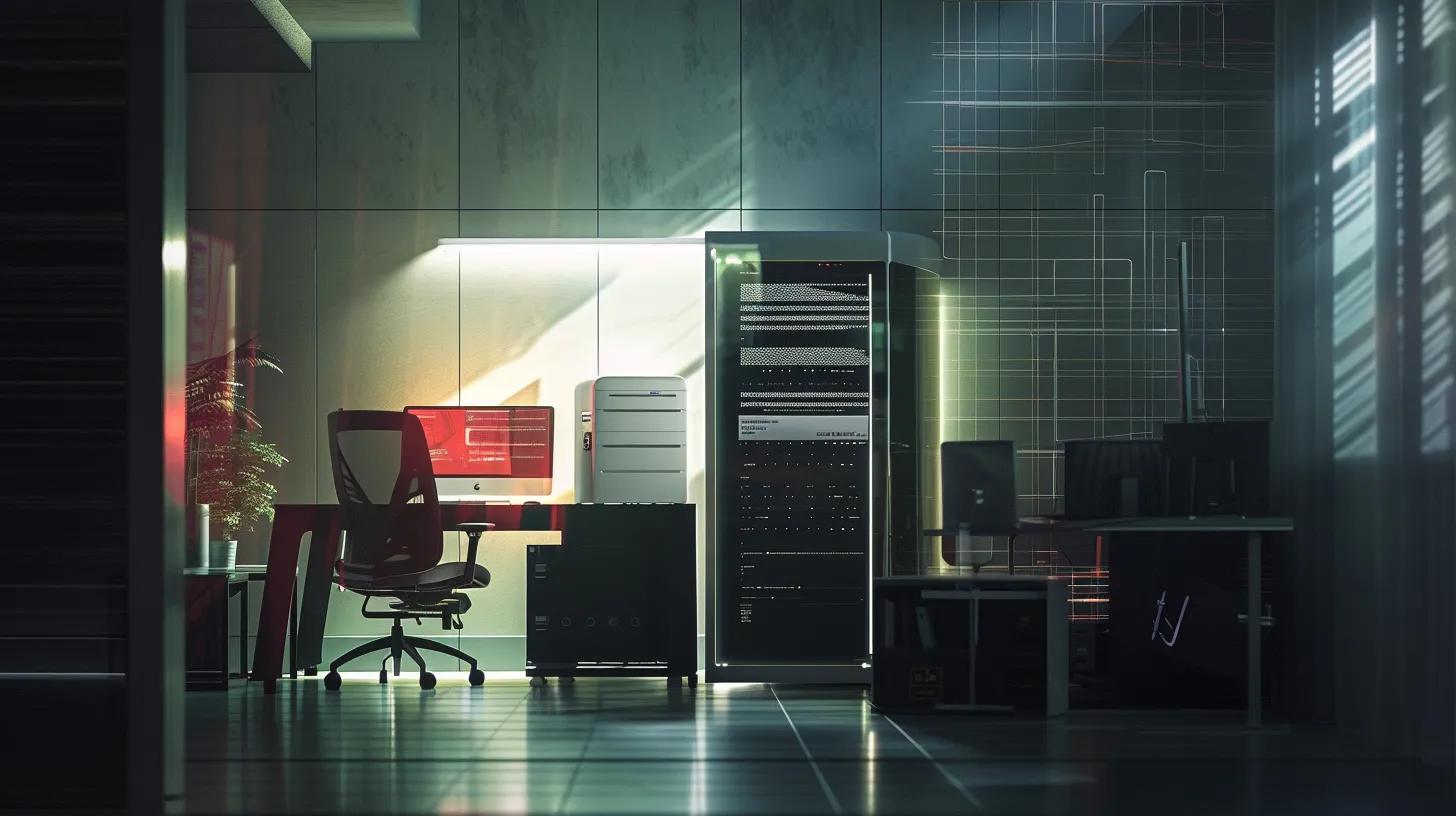 a sleek, modern office workspace features a glowing computer screen displaying a cloud storage interface, while a stylized graphic overlay illustrates data recovery processes, symbolizing the seamless retrieval of vital digital documents.