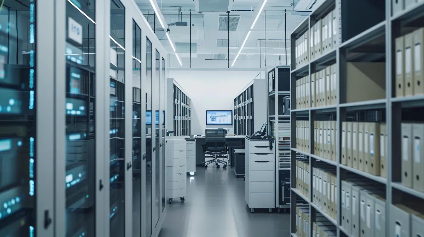 a sleek, modern office workspace features a meticulous arrangement of digital devices and organized file cabinets, emphasizing the process of verifying and maintaining electronic data with vibrant screen displays showcasing security scans and file integrity tests.
