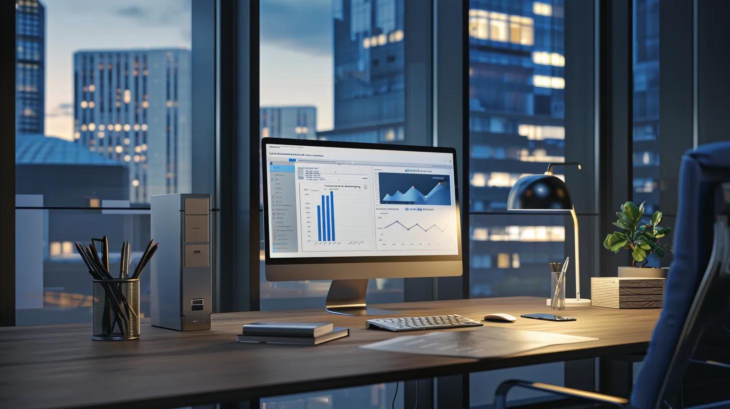 a sleek, modern office workspace featuring a high-tech computer screen displaying a secure online document storage platform, with futuristic elements highlighting data security and document accessibility, illuminated by soft, ambient lighting that conveys a sense of trust and professionalism.