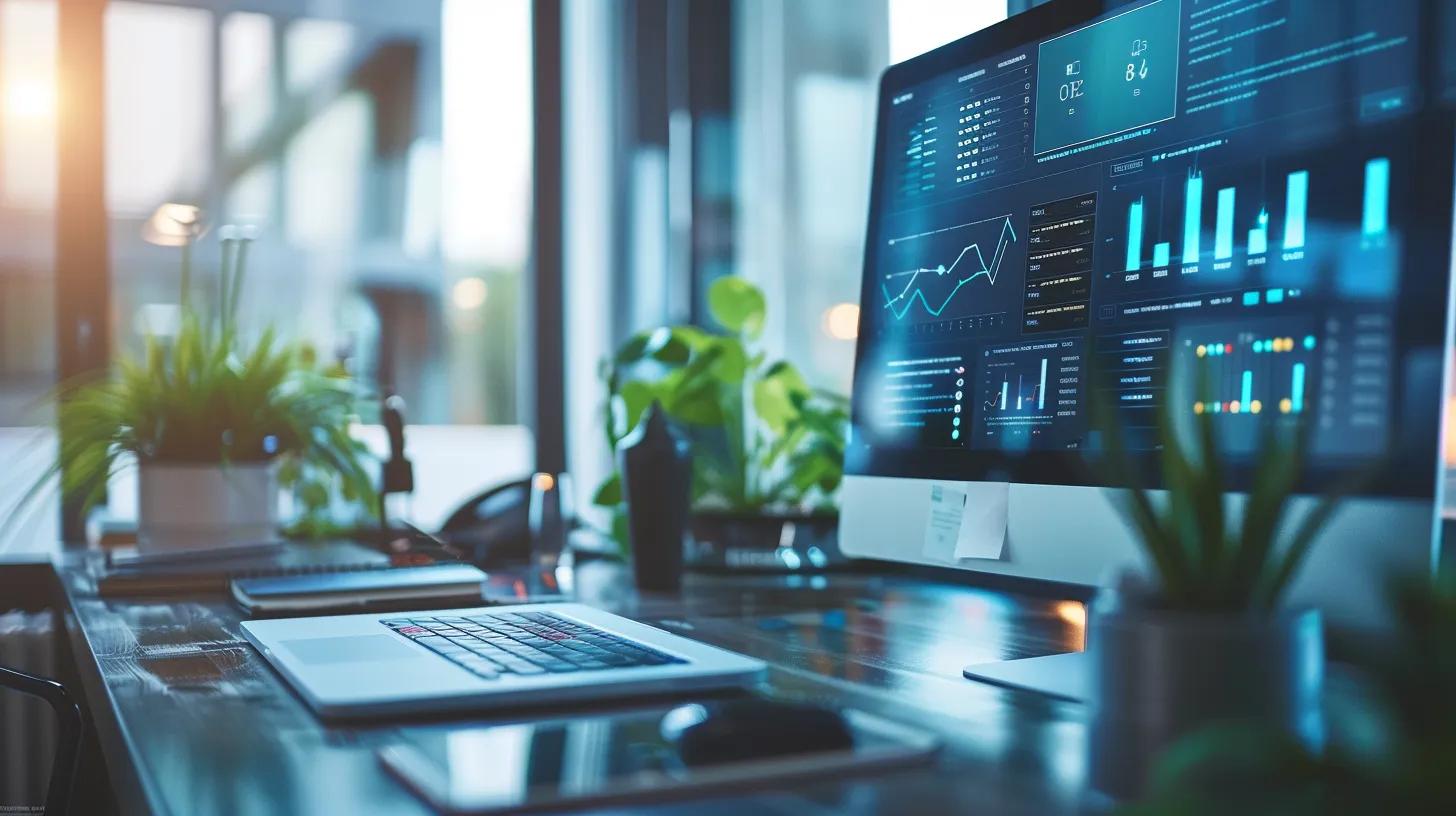 a sleek, modern office workspace featuring a large digital screen displaying cybersecurity analytics, with a contemporary desk setup showcasing multi-factor authentication prompts and encrypted files, symbolizing the proactive measures in digital document security.