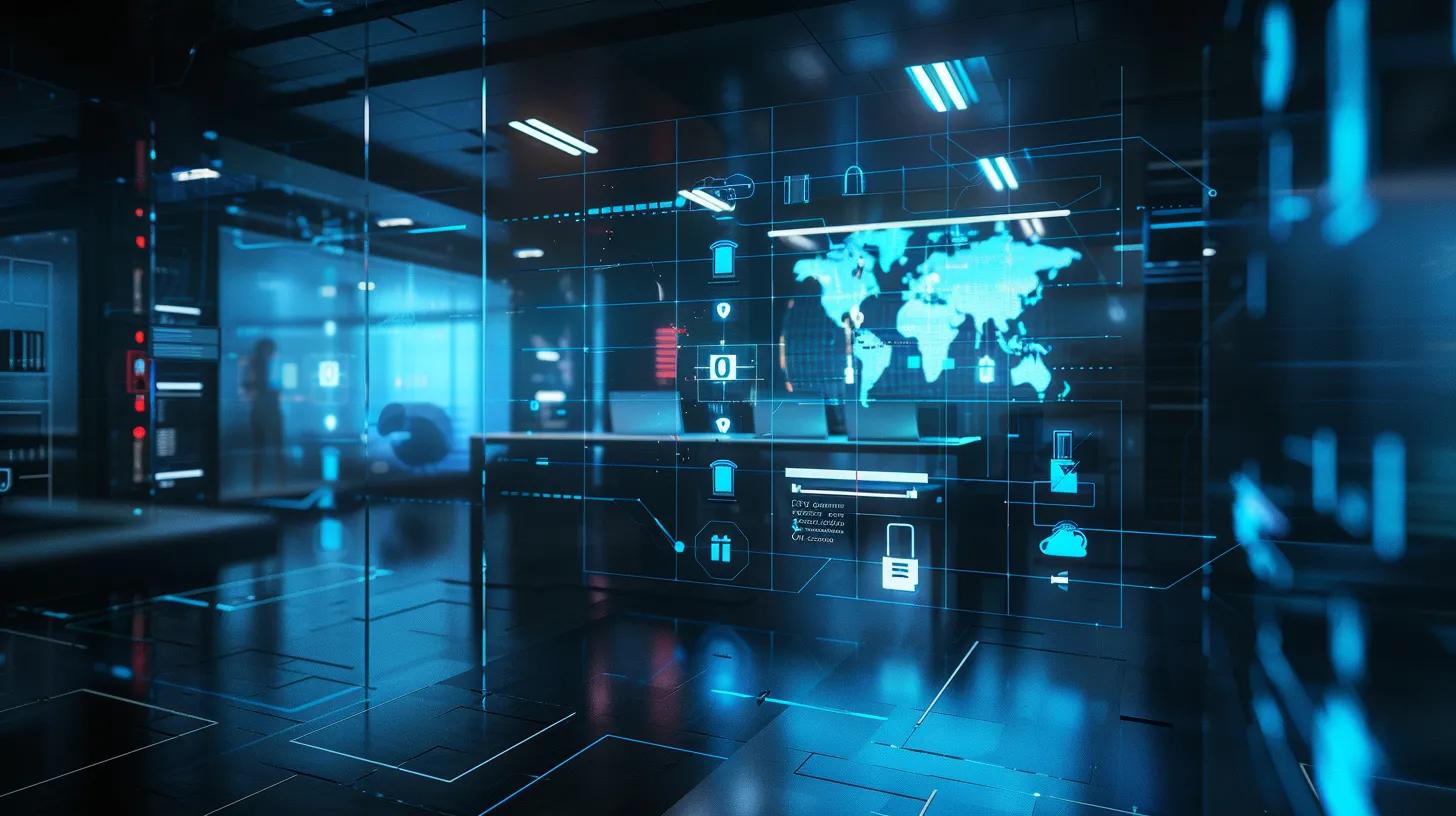 a sleek, modern office workspace features a large digital screen displaying a user-friendly interface of an online document storage solution, highlighted by vibrant security icons and encryption graphics, symbolizing the seamless integration of security and accessibility in estate planning.