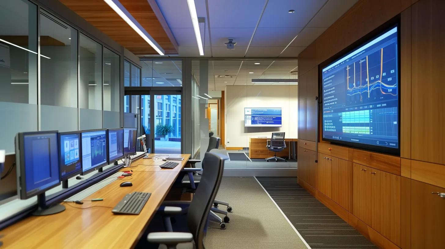 a sleek office environment showcases a modern workstation with a high-tech computer screen displaying complex security audit graphs and backup strategies, illuminated by cool, focused lighting, emphasizing the importance of data integrity and cybersecurity vigilance.