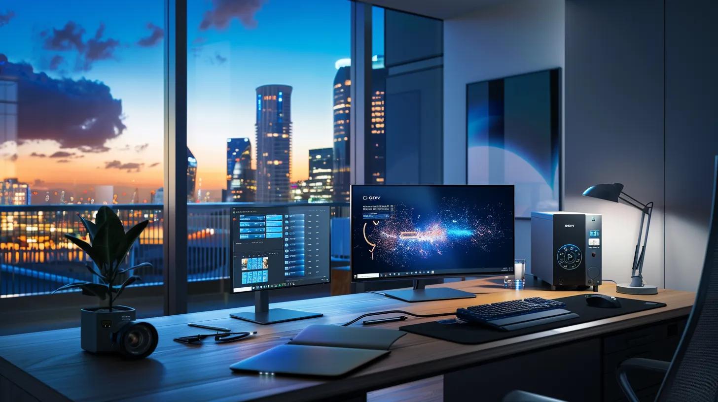 a sleek office workspace showcases a modern computer displaying an organized digital file recovery interface, surrounded by vibrant visual elements representing cloud solutions, encryption, and efficient data management, all bathed in focused artificial lighting.