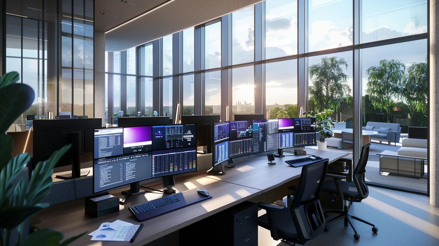 a sleek virtual office setting showcases an organized digital workspace on multiple screens, displaying color-coded folder categories with distinct permission levels, emphasizing the importance of structured document management and access control.