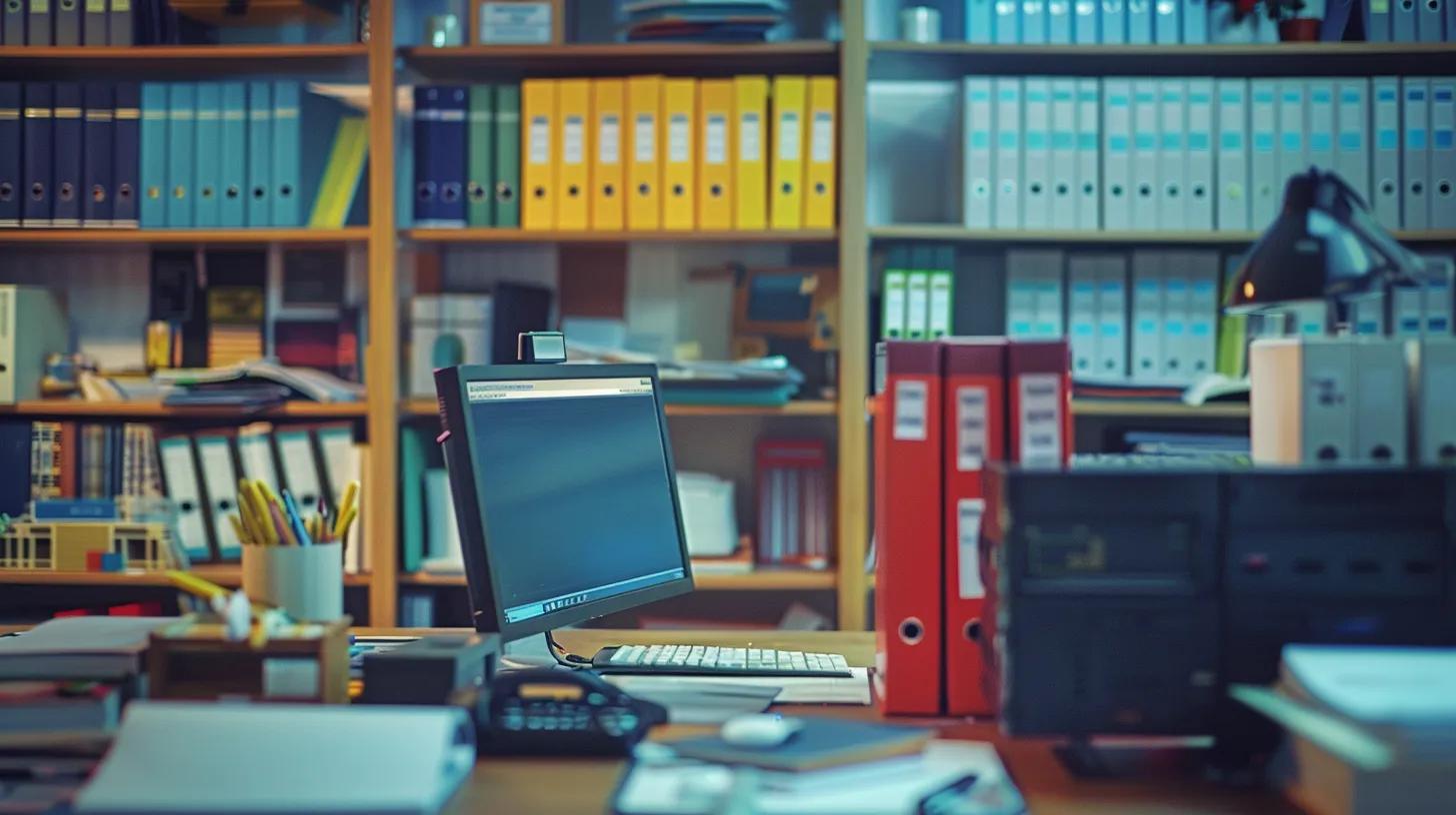 an organized, modern office workspace features a sleek computer screen displaying a vibrant digital dashboard of secure file recovery metrics alongside a neatly arranged array of encrypted documents, highlighting the importance of data integrity and security management in the digital age.