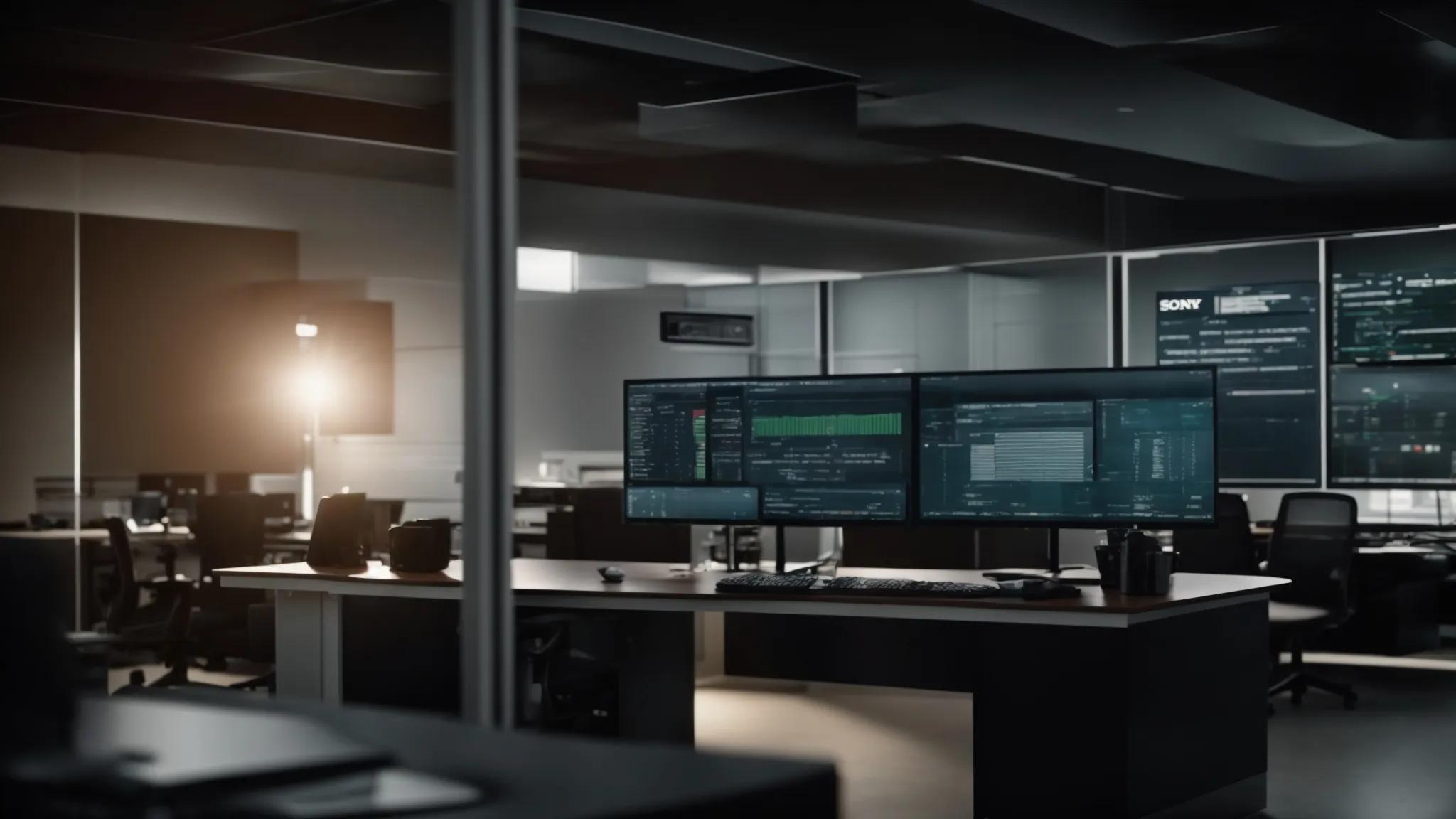 a focused office environment showcases a sleek computer screen displaying a dashboard for managing file sharing security settings, surrounded by essential audit tools and training materials that emphasize the importance of access control and user education in maintaining data security.