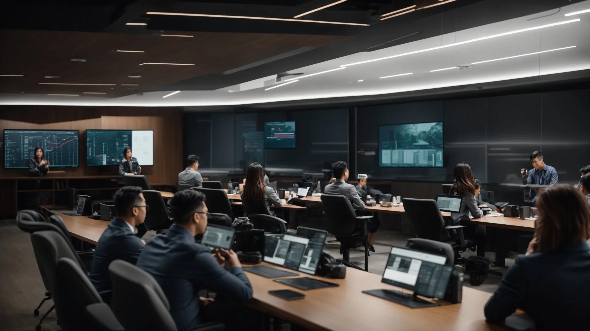 a focused team actively participates in a dynamic training session within a sleek, modern conference room, engaging with interactive screens displaying cybersecurity protocols and real-world phishing scenarios.