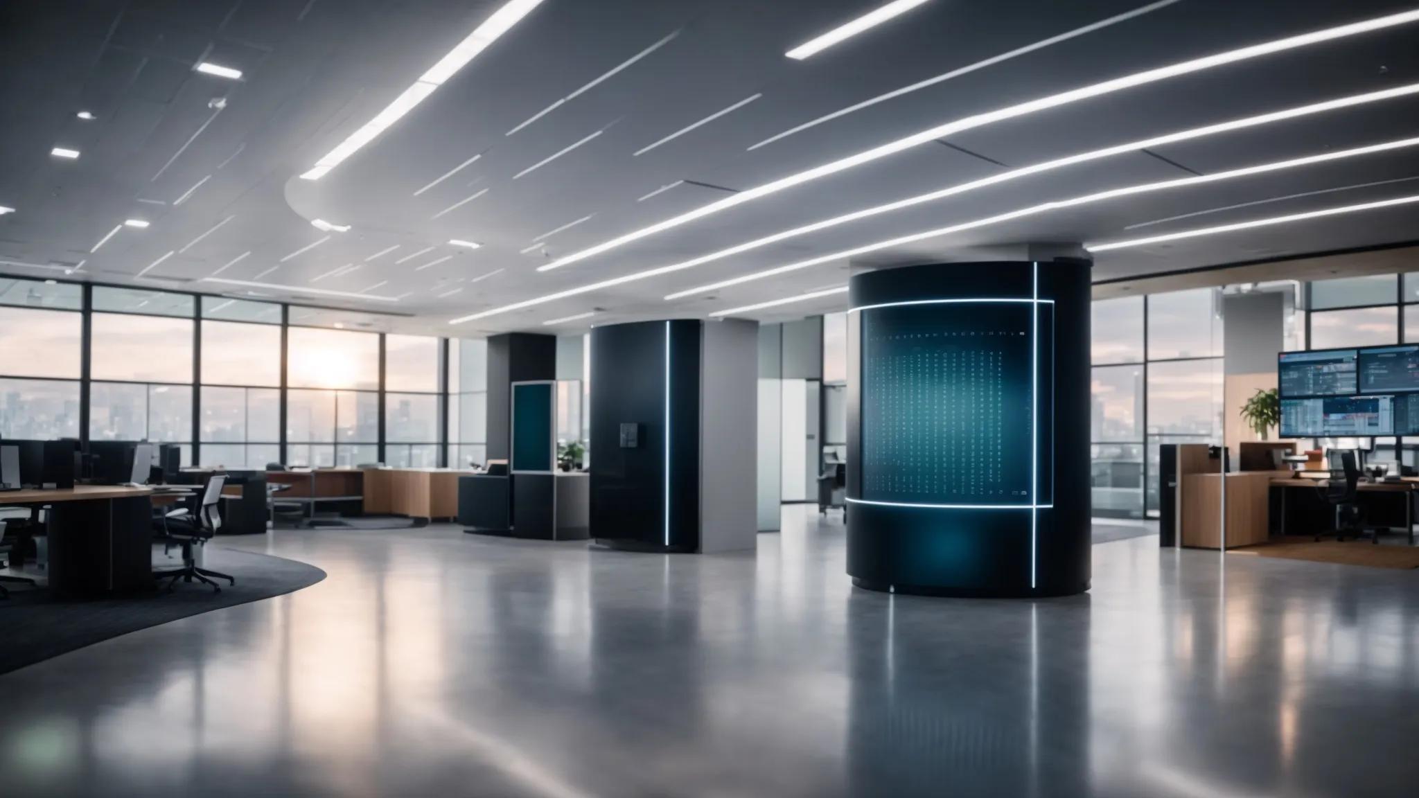 a high-tech office environment showcases a sleek computer screen displaying a secure access control interface, illuminated by dynamic security graphics, emphasizing user authentication methods like biometric scans and multi-factor authentication to illustrate the theme of enhanced data protection.