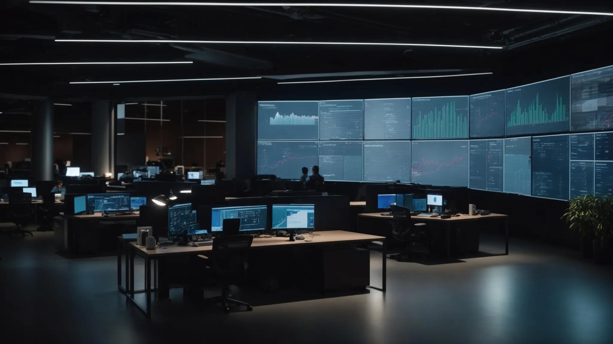 a high-tech office environment showcases a large digital display mounted on a sleek wall, illustrating an intricate step-by-step data recovery process with dynamic animations, while a focused it professional analyses the data recovery framework on their computer screen, all bathed in soft, focused lighting that highlights the urgency of operational resilience.