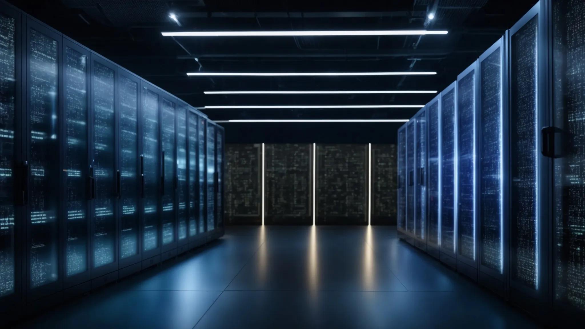 a modern, high-tech data center filled with illuminated servers houses encrypted digital documents, showcasing a secure and sophisticated environment for data protection.