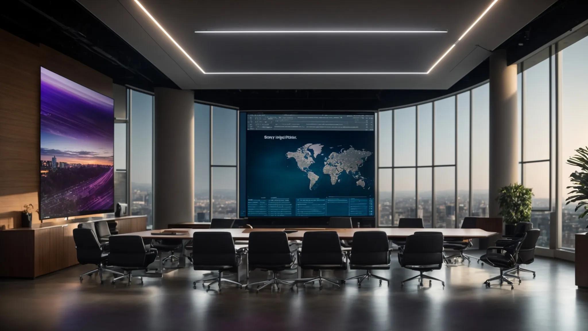 a modern office conference room features a sleek table with a dynamic digital presentation backdrop showcasing a visually engaging graphical summary of document security practices, emphasizing secure governance, robust access control, and advanced encryption techniques under vibrant artificial lighting.