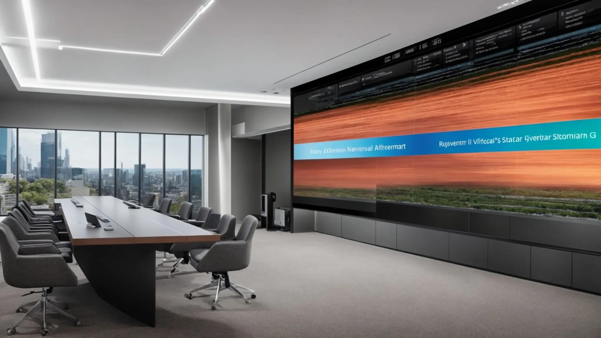 a modern office conference room featuring a sleek digital display with a detailed animated infographic comparing secure document storage compliance features, illuminated by dynamic lighting that highlights key regulatory standards and benefits.