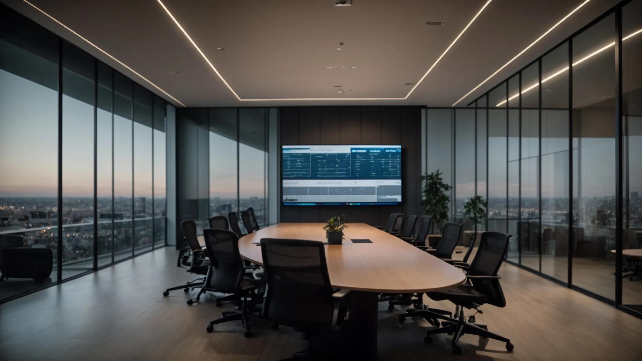 a modern office conference room showcases a sleek presentation screen displaying a detailed comparison chart of cloud storage providers, while a group of engaged professionals discuss their distinct advantages under soft, focused lighting.