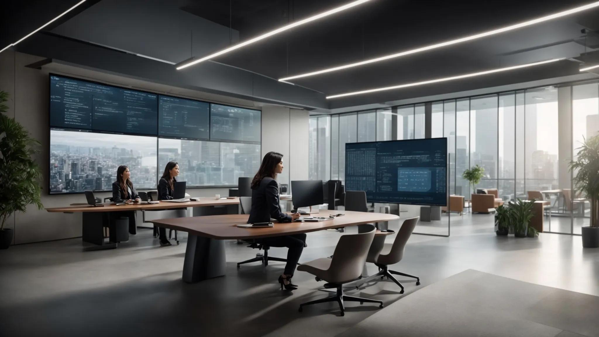 a modern office environment features a large digital screen displaying complex user access control diagrams and graphs, with professionals engaged in a discussion around a sleek conference table, embodying the challenges of implementing secure storage solutions.
