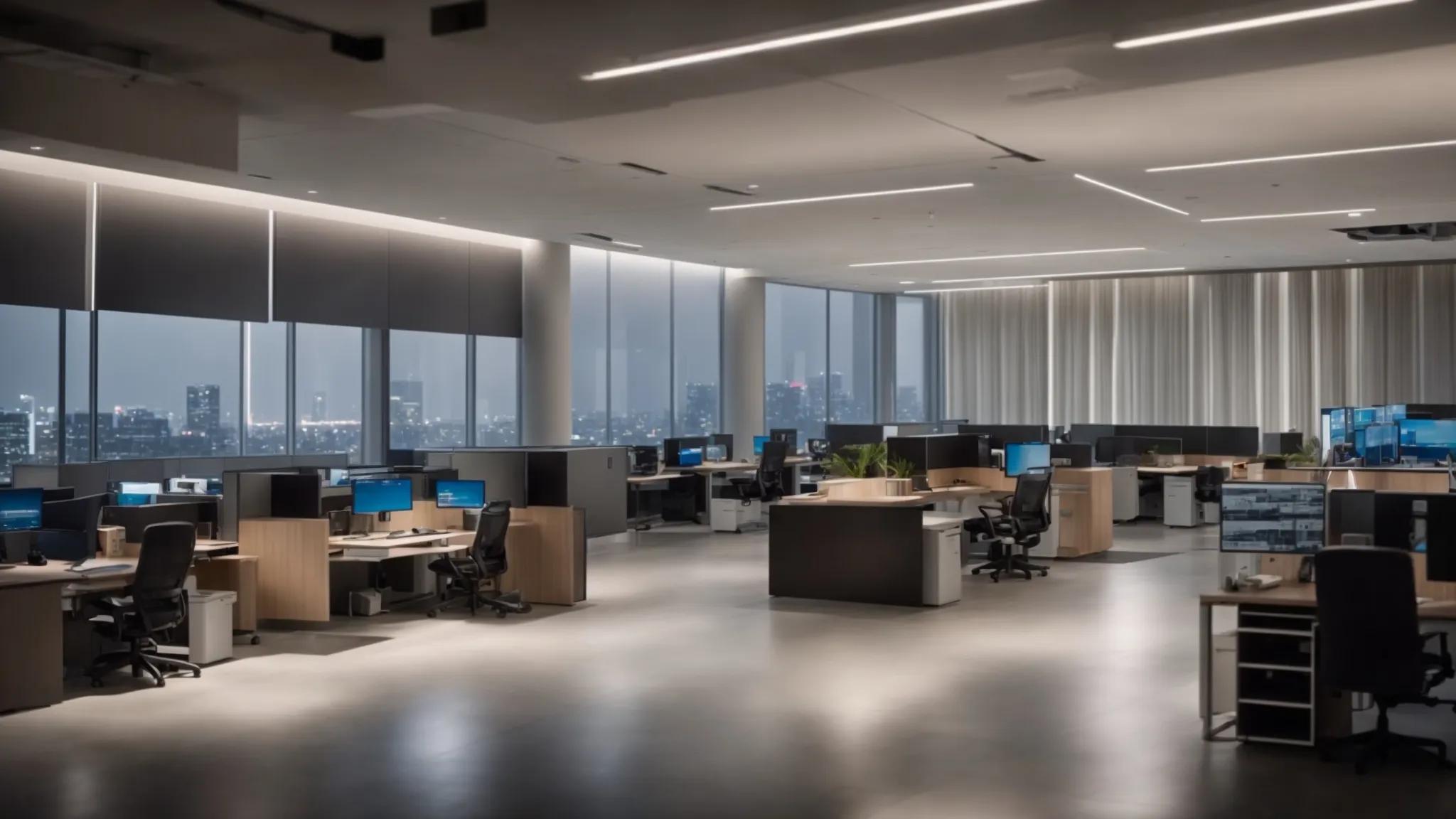 a modern office environment features a sleek computer setup displaying box secure content's user interface, with highlighted elements showcasing advanced access control and encryption measures, all illuminated by sharp, focused lighting that emphasizes the importance of data security and regulatory compliance.