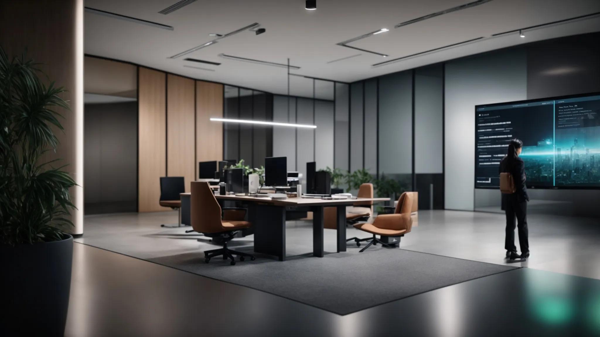 a modern office environment features a sleek digital interface displaying encrypted data management tools, illustrating seamless collaboration and automated document indexing, with professionals engaged in dynamic discussions around secure file sharing.