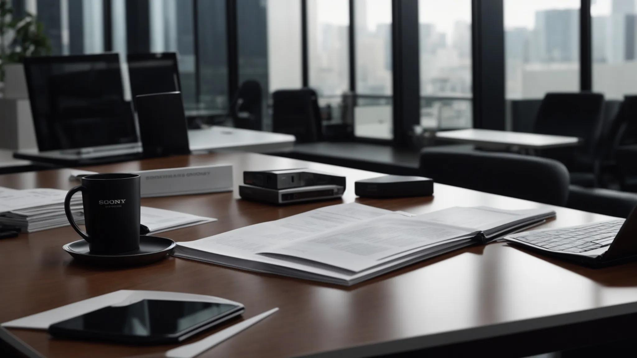 a modern office environment features a sleek desk with organized digital devices and important estate documents displayed prominently on a digital tablet, symbolizing a robust data recovery strategy that ensures security and accessibility in times of crisis.