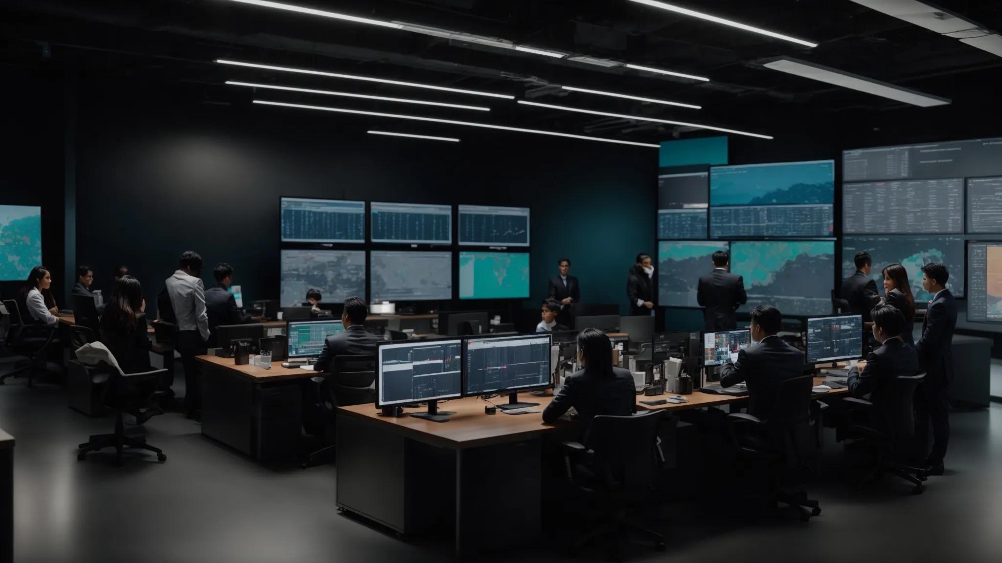 a modern office environment showcases a diverse team engaged in a dynamic strategy meeting, surrounded by digital screens displaying real-time updates and incident reports, highlighting the effective communication protocols that expedite data recovery processes during a crisis.