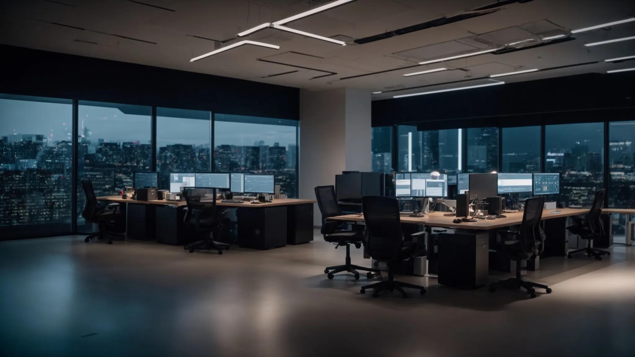 a modern office environment showcases a sleek digital dashboard displaying secure cloud storage metrics, with a focus on advanced encryption, pricing transparency, and proactive security measures, illuminated by soft, artificial lighting that enhances the futuristic technology theme.