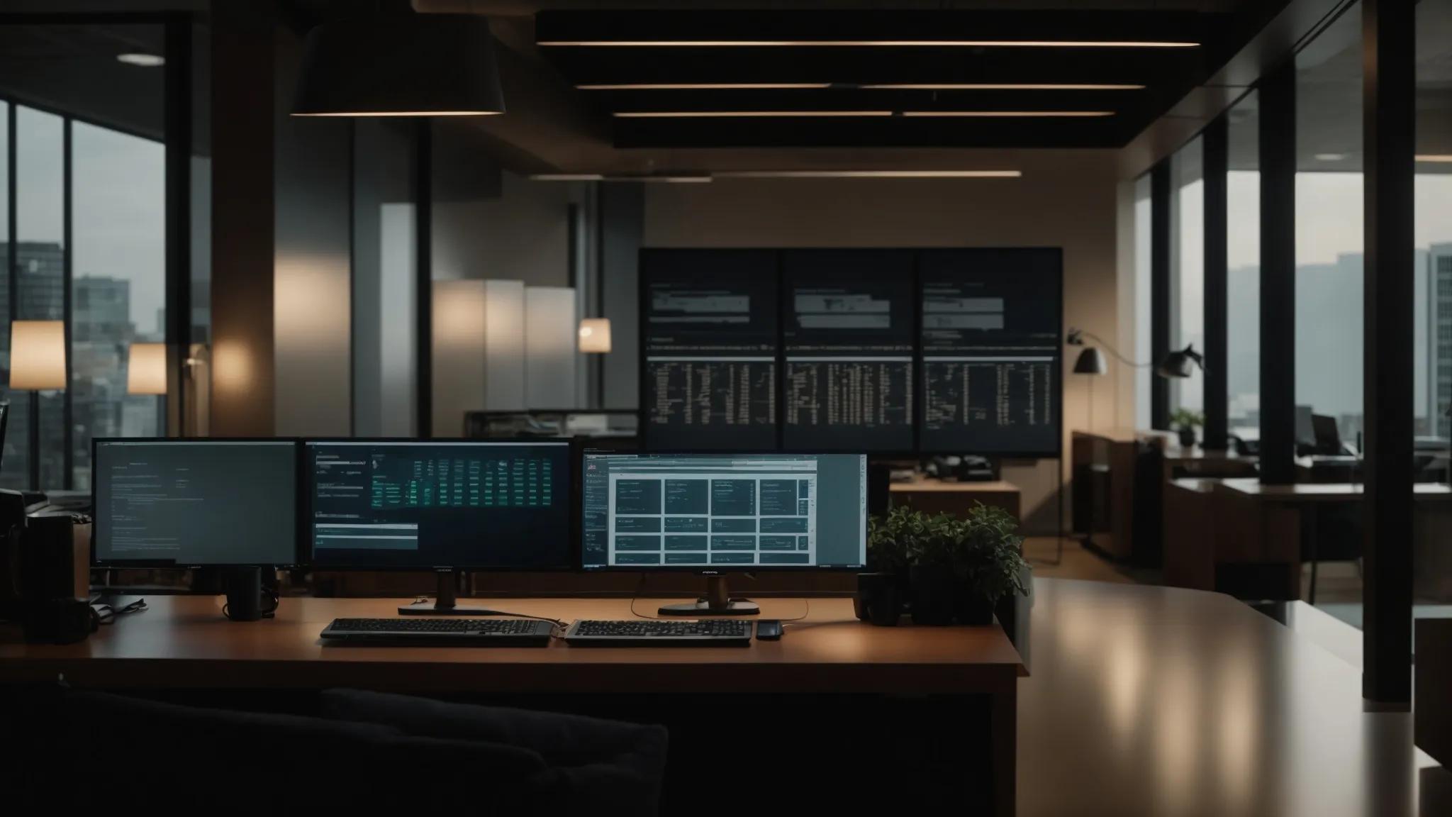 a modern office environment showcases a sleek computer setup displaying a secure user access management dashboard, illuminated by soft, ambient lighting that emphasizes advanced encryption icons and user-friendly visual cues.
