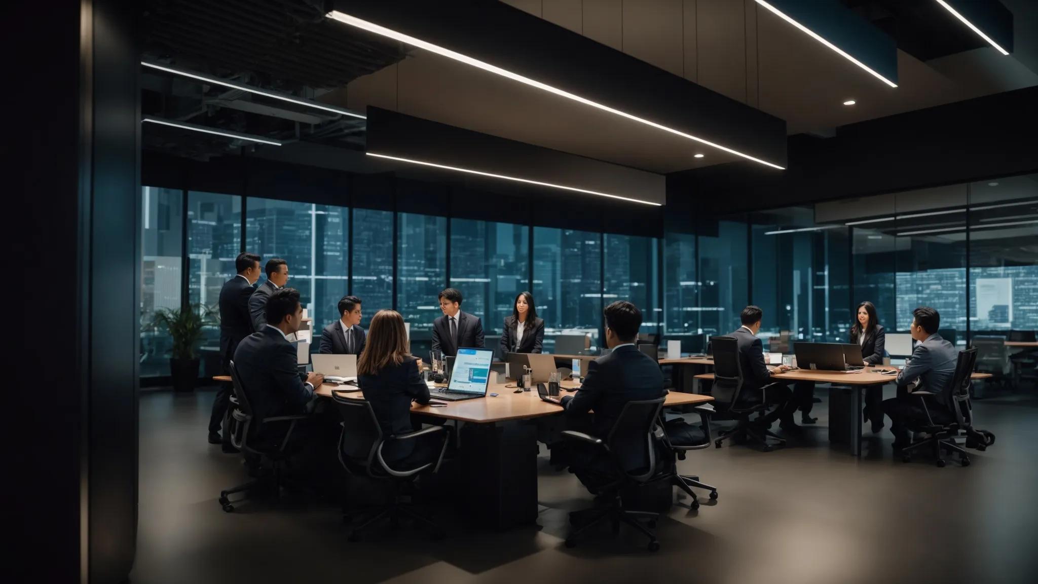 a modern office filled with professionals engaged in a lively discussion around a sleek conference table, surrounded by screens displaying compliance data and technological innovations, illustrating the dynamic intersection of secure document storage and regulatory adherence.