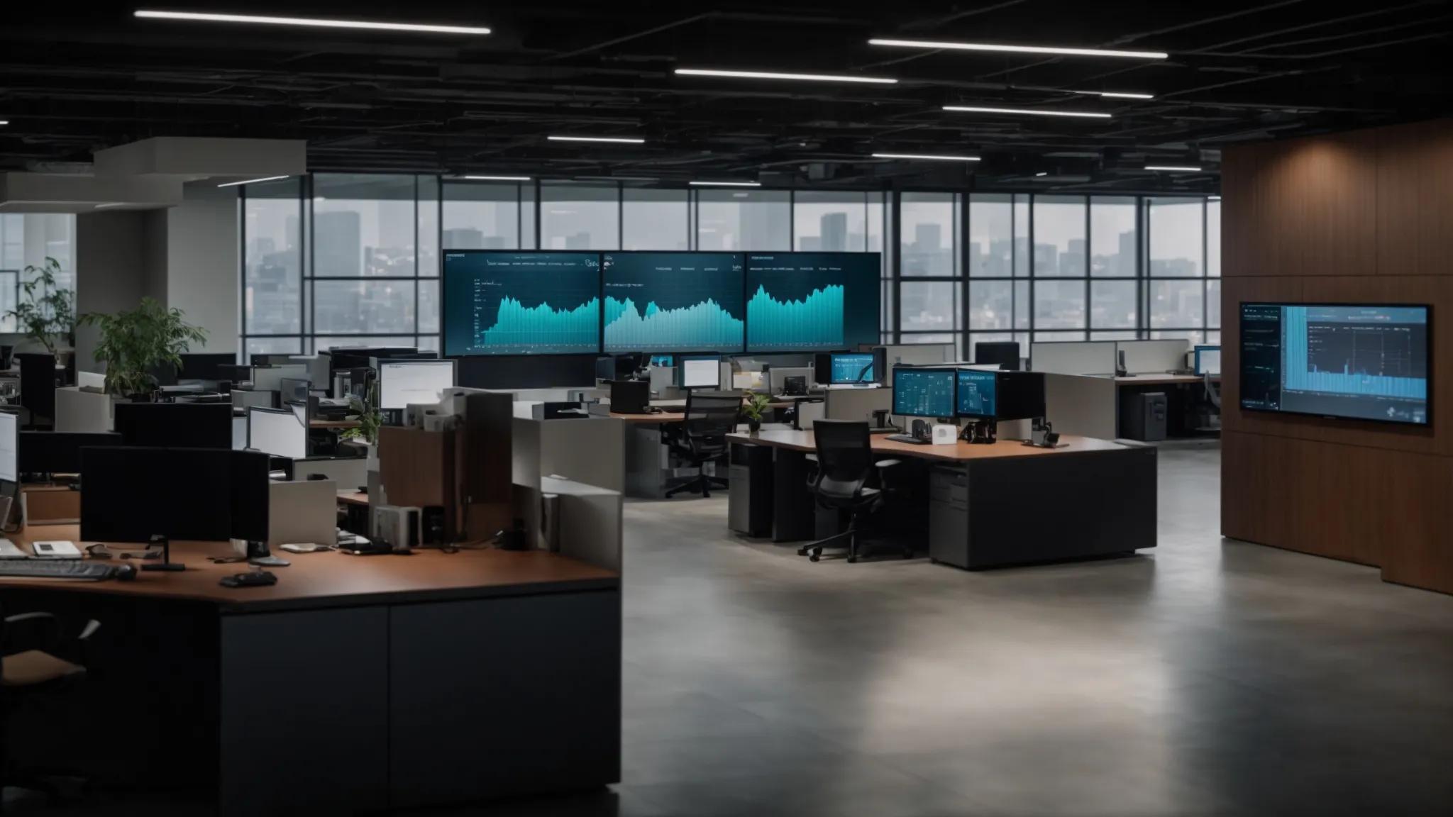a modern office interior showcases a large, interactive digital display illustrating user access controls and secure storage integration, with engaged professionals analyzing data on sleek workstations under focused, ambient lighting.