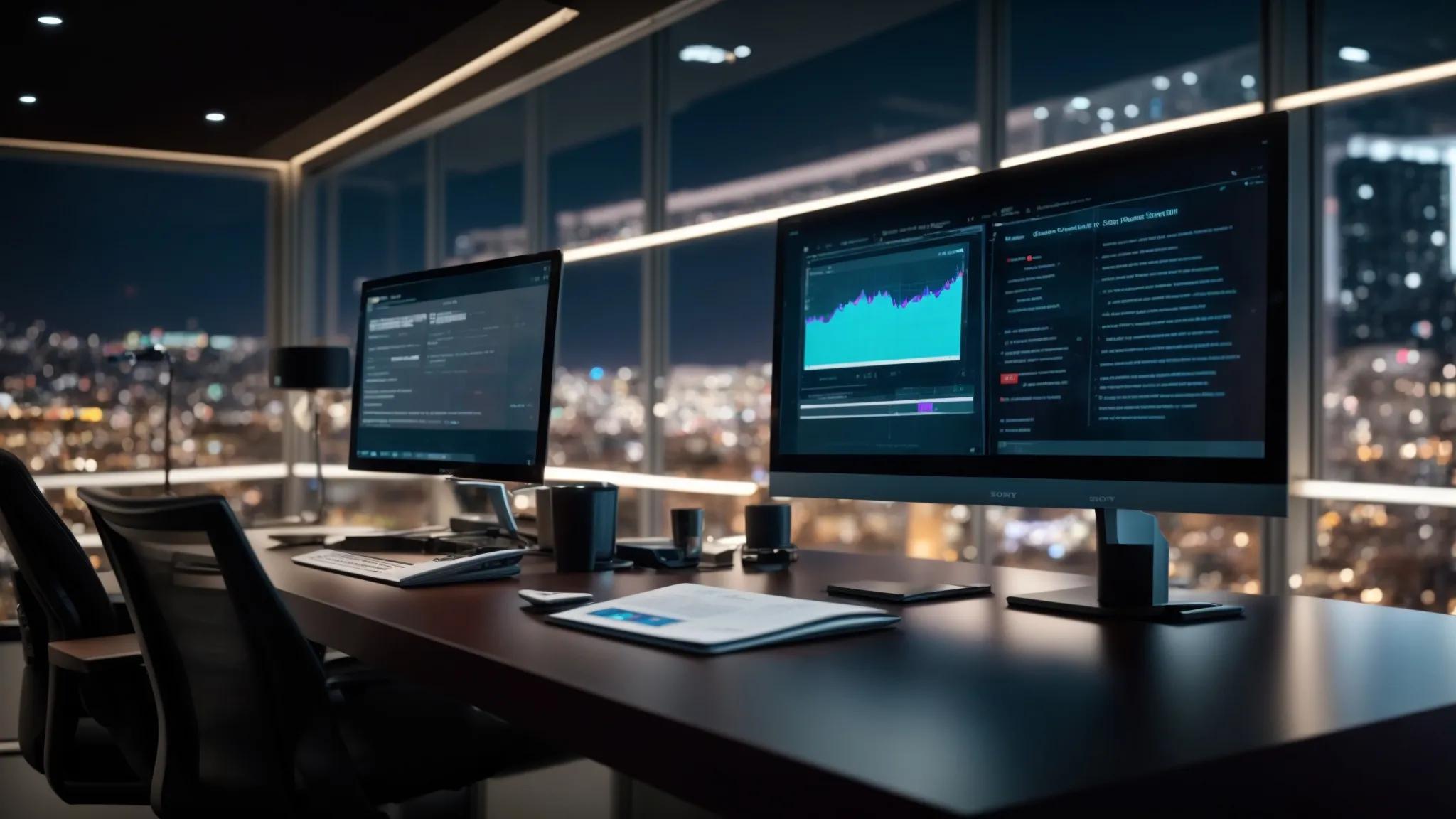 a modern office interior showcases a sleek document management system interface on a high-resolution screen, featuring vibrant encryption icons and user analytics, illuminated by soft, focused lighting that highlights the cutting-edge technology behind secure data management.