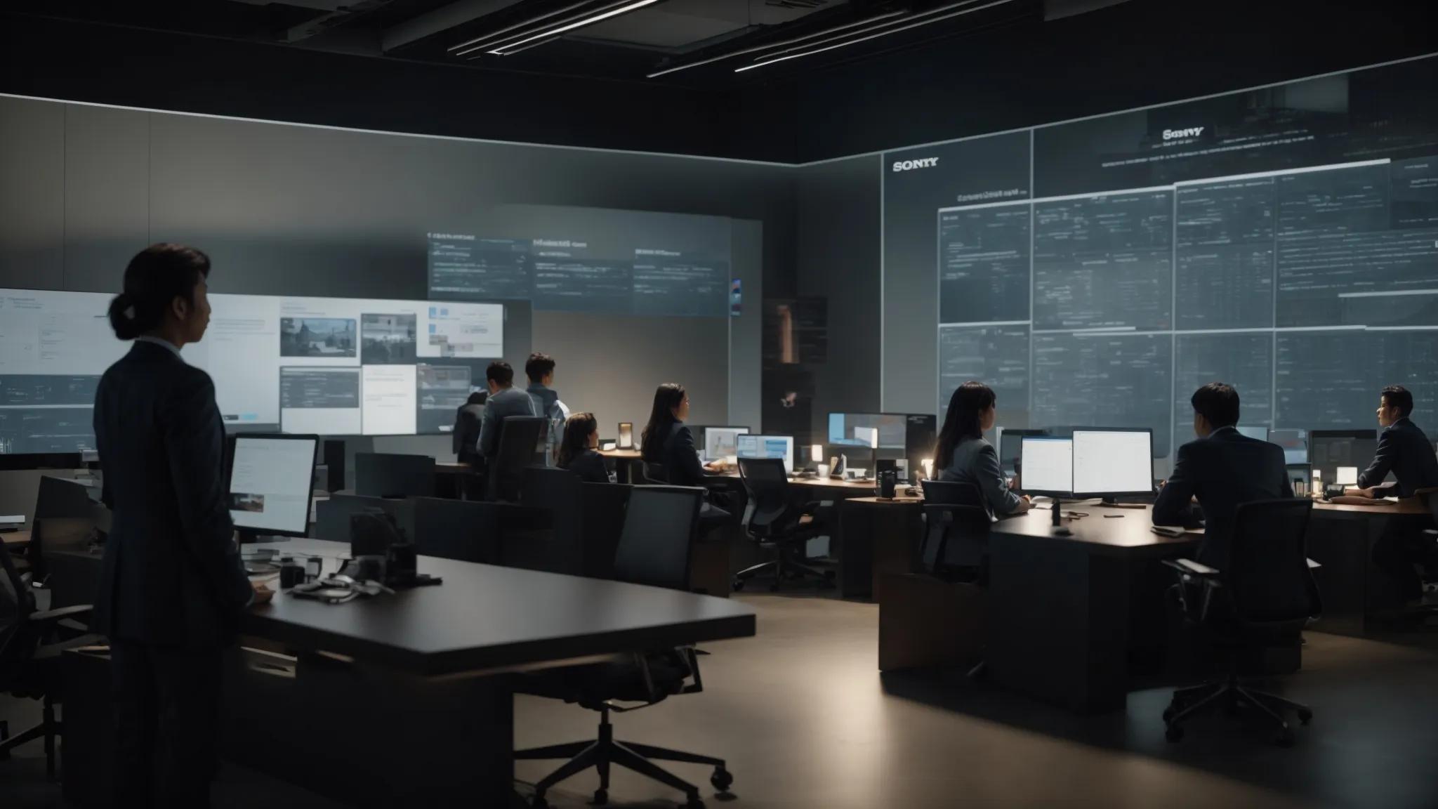 a modern office setting showcases a large digital screen displaying a flowchart of a secure file-sharing process, surrounded by professional team members engaged in a strategy meeting about access rights and permissions.