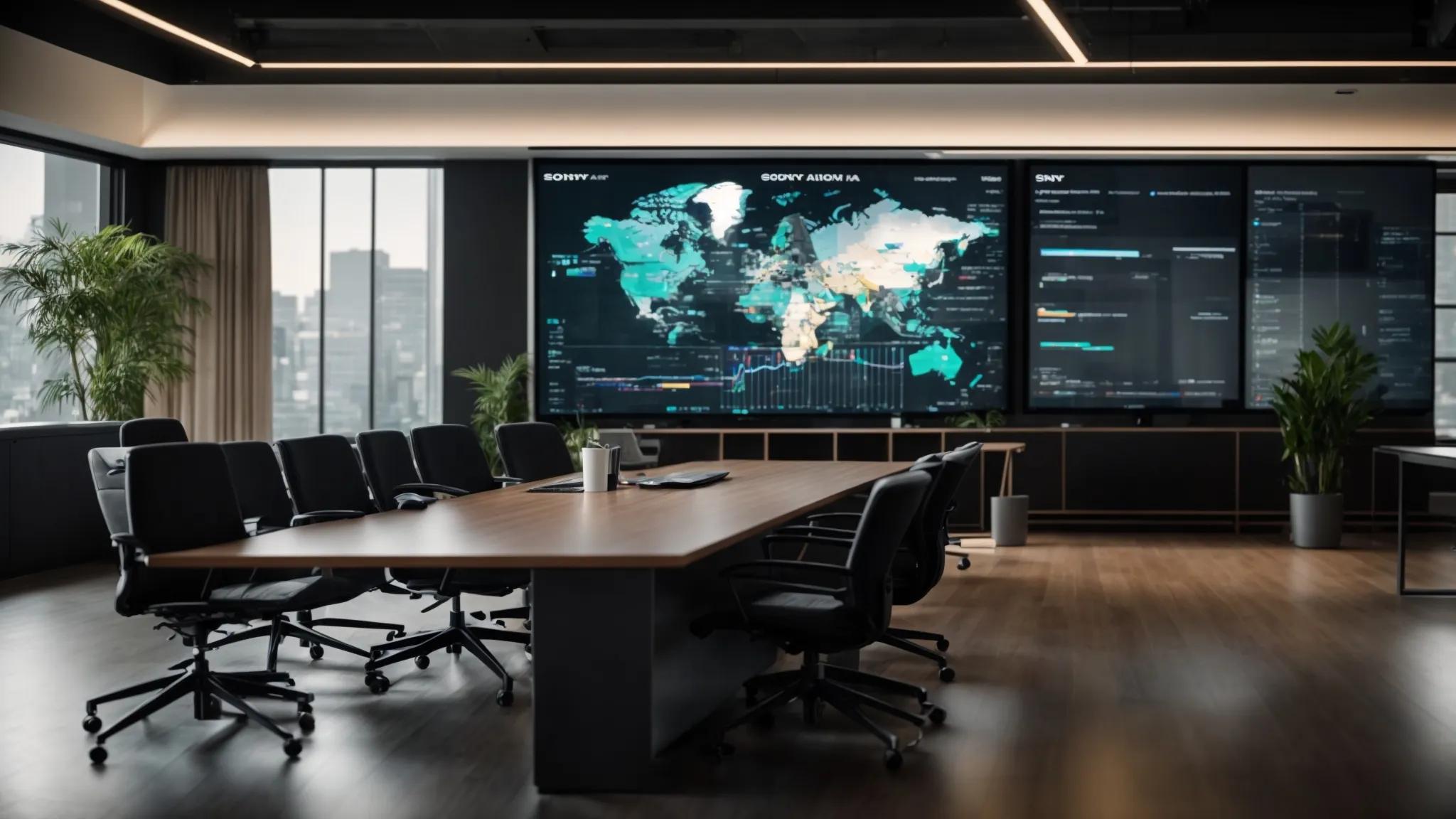 a modern office setting showcases a sleek conference room, where diverse it professionals collaborate intently over a large digital display, illustrating a detailed data recovery framework diagram that emphasizes roles, responsibilities, and recovery procedures against a backdrop of sophisticated technology and strategic planning.