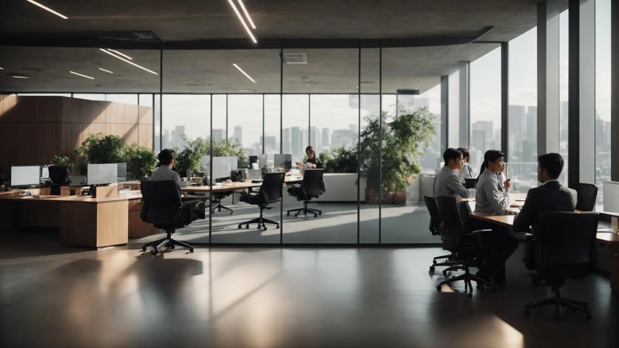 a modern office setting showcases an interactive computer screen displaying a detailed permission matrix for secure file sharing, with focused individuals collaborating around a sleek conference table, emphasizing the importance of access rights in estate planning.