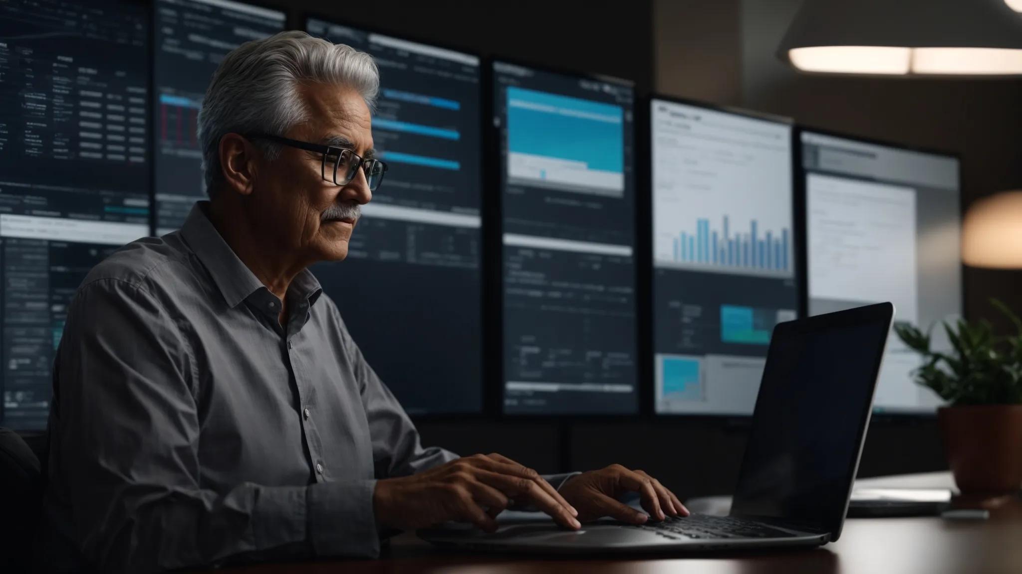 a modern office setting showcases an older adult confidently engaging with a sleek laptop displaying a secure cloud storage interface, surrounded by bright screens featuring data encryption and backup features, symbolizing the peace of mind that comes with safeguarding important documents.