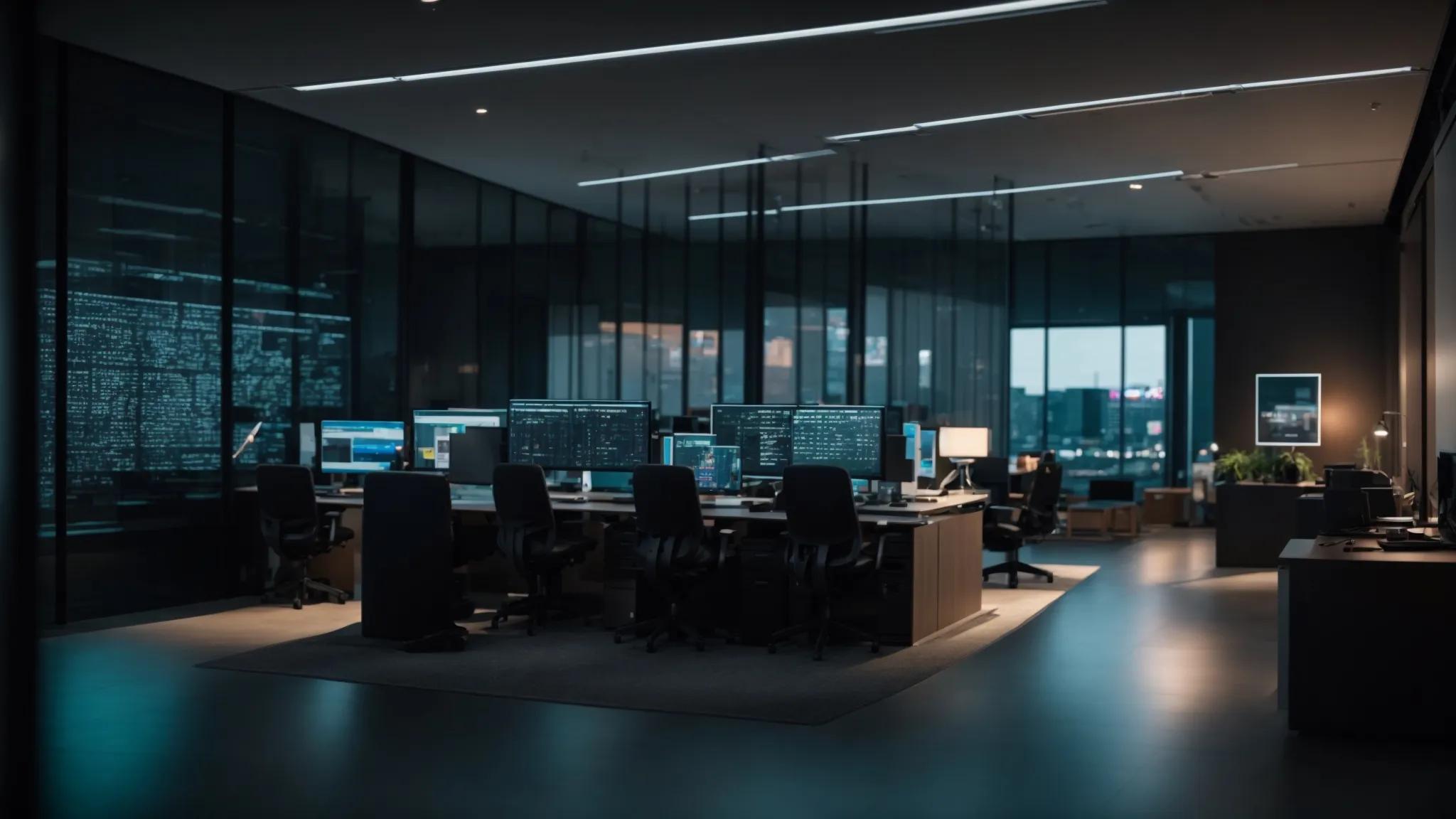 a modern office space features a sleek computer workstation displaying complex data protection graphics and digital security icons, emphasizing the importance of compliance with laws like gdpr and ccpa in safeguarding sensitive personal information.