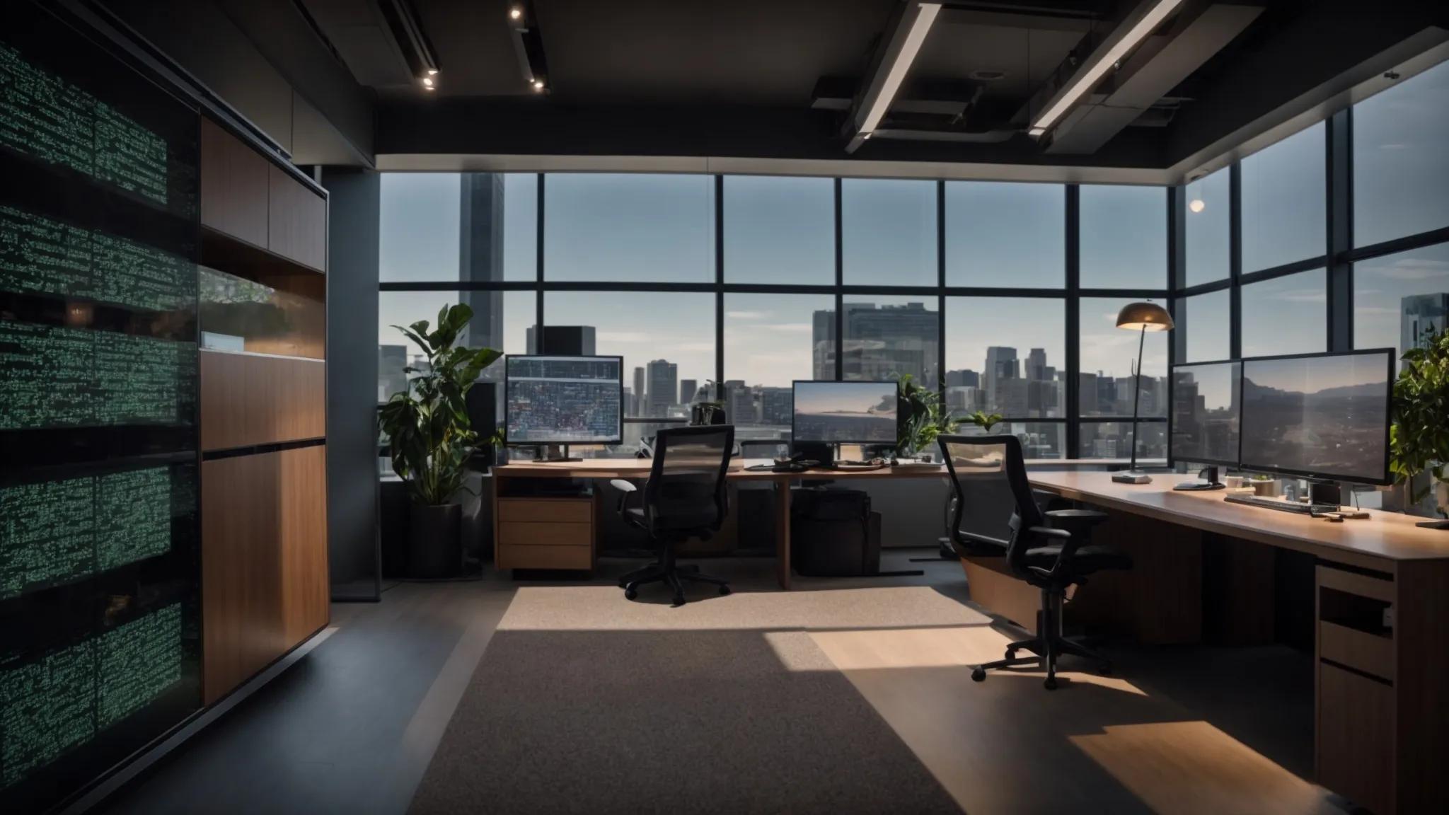 a modern office space features a sleek desktop overflowing with digital files and encrypted cloud storage applications displayed on a high-resolution monitor, reflecting a secure and organized approach to estate planning.