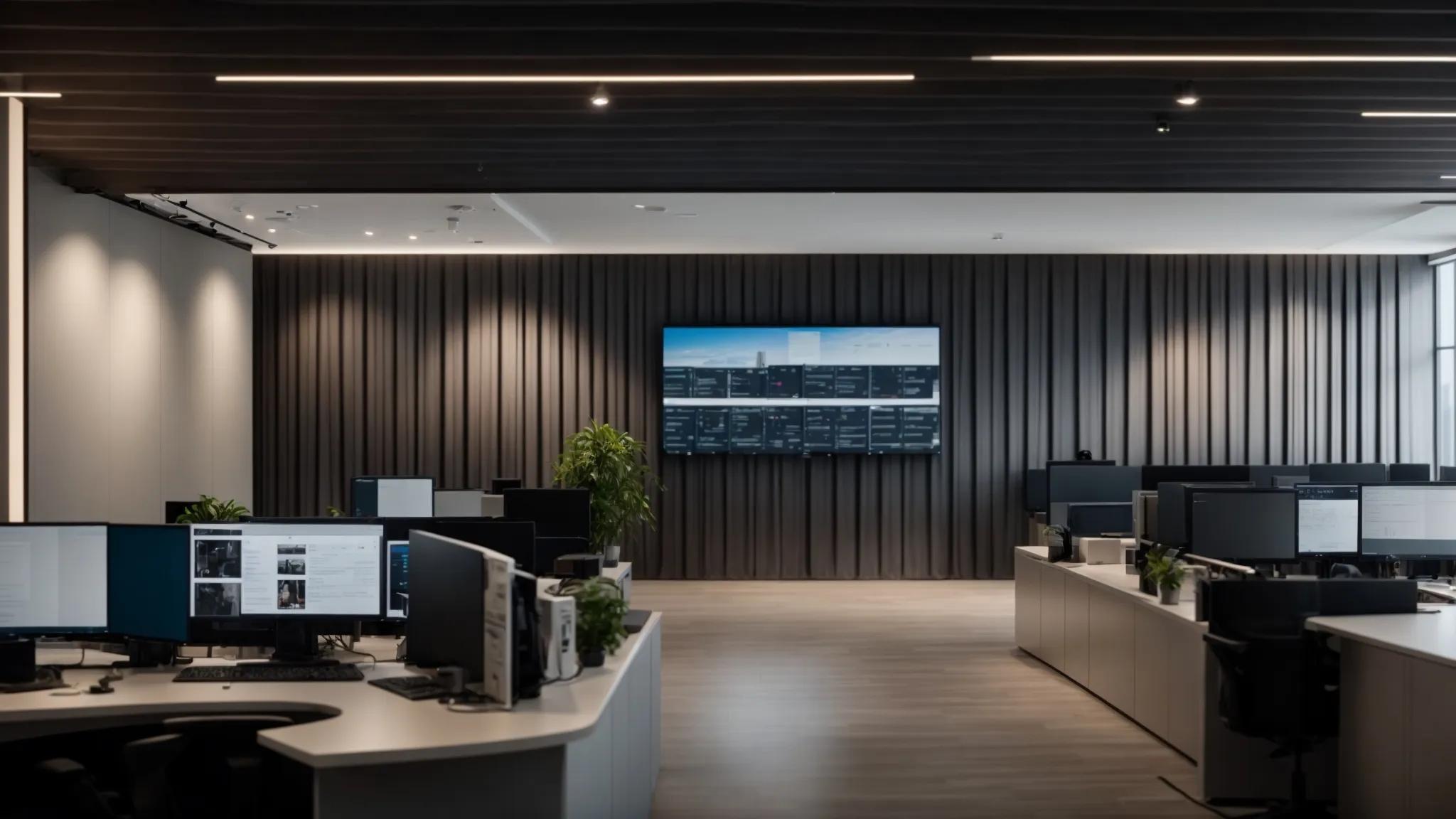 a modern office space with sleek, digital interfaces displaying secure online document storage solutions on large screens, emphasizing robust security features and user-friendly design for effective estate planning management.