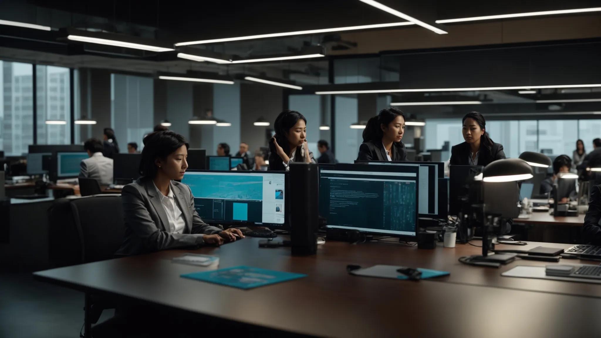 a modern office workspace bustling with activity showcases a team of professionals gathered around a conference table, intently analyzing digital screens displaying access logs and permission settings on file sharing systems, illuminated by bright overhead lighting that emphasizes their focused expressions.