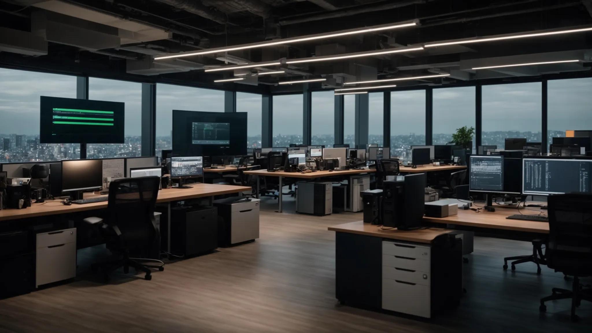 a modern office workspace features a sleek computer setup with multiple monitors displaying digital data recovery frameworks and backup processes, illuminated by efficient overhead lighting to emphasize the importance of technology in safeguarding sensitive information.