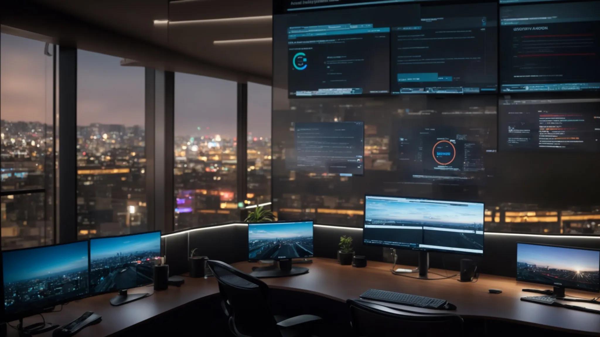 a modern office workspace features a sleek digital interface displaying a detailed comparison of user access control strategies, illuminated by sharp led lighting, emphasizing security and compliance elements for a sophisticated tech environment.