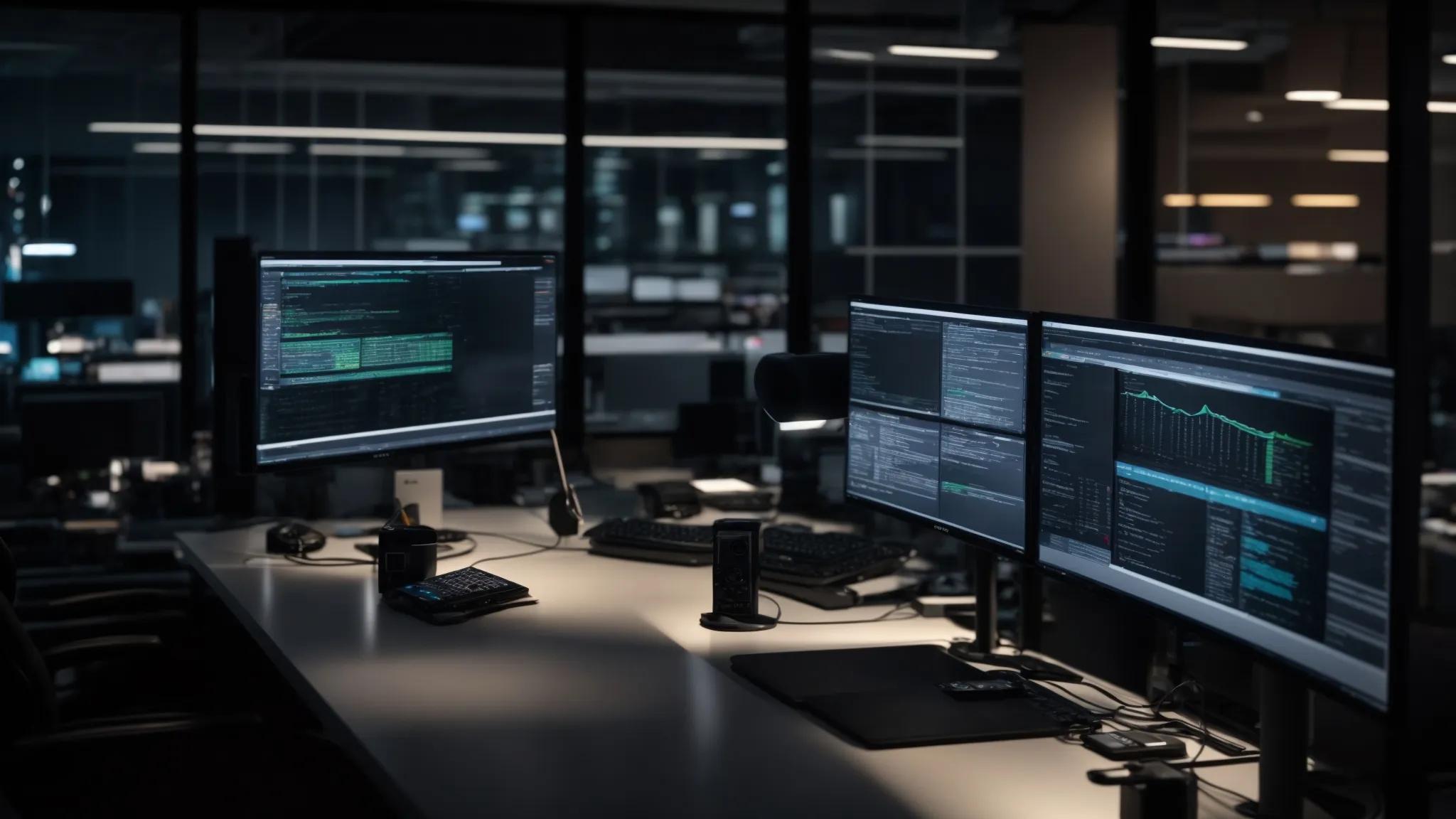 a modern office workspace features dual monitors displaying vivid data recovery analytics and encryption protocols, illuminated by sleek overhead lighting, symbolizing the seamless integration of secure cloud storage and advanced backup solutions for critical documents.