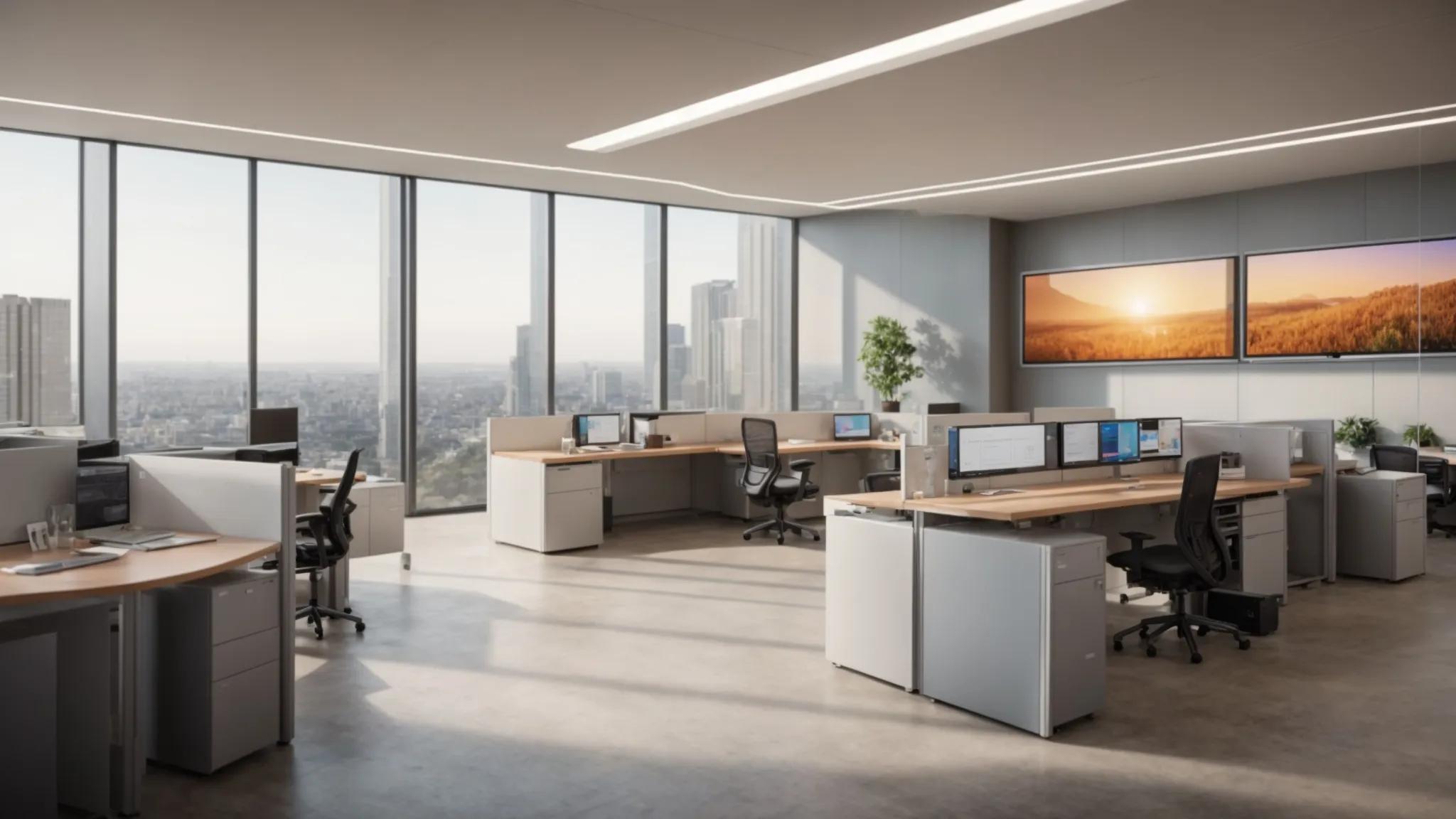 a modern office workspace features sleek, secure filing cabinets and digital displays showcasing user-friendly document management software, symbolizing the perfect blend of rigorous security and seamless accessibility in document storage.