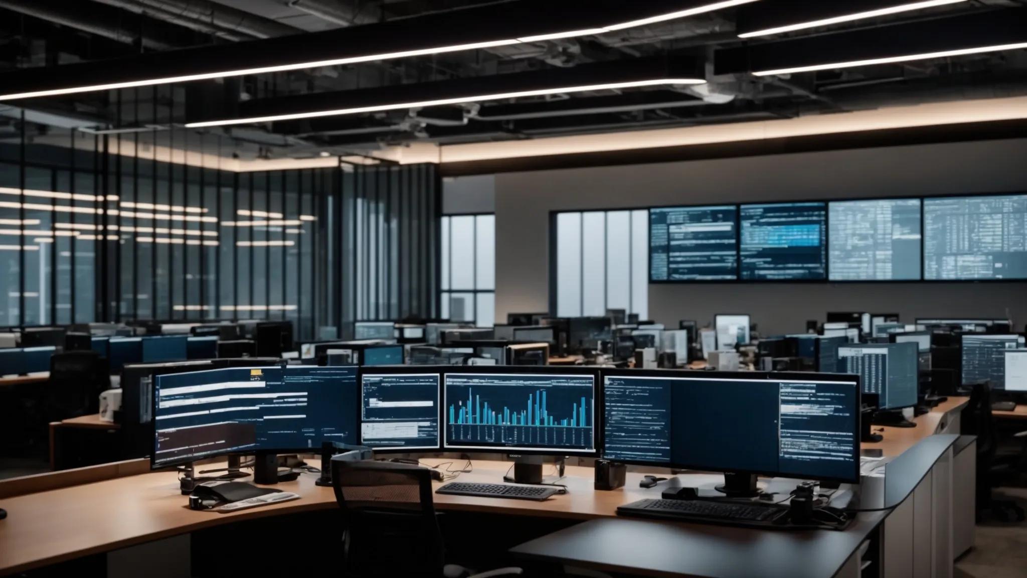 a modern office workspace featuring a large digital display showcasing a detailed flowchart of strategic data backup methods, surrounded by sleek desks with computers and organized documents, illuminated by bright, focused overhead lighting to emphasize a proactive business atmosphere.