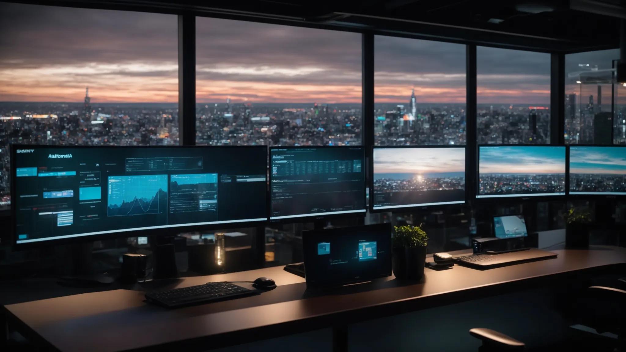 a modern office workspace featuring multiple computer screens displaying a secure cloud storage interface, highlighted by a sleek, digital dashboard showcasing advanced encryption metrics and integration with business applications, illuminated by focused led lighting to emphasize the high-tech environment.