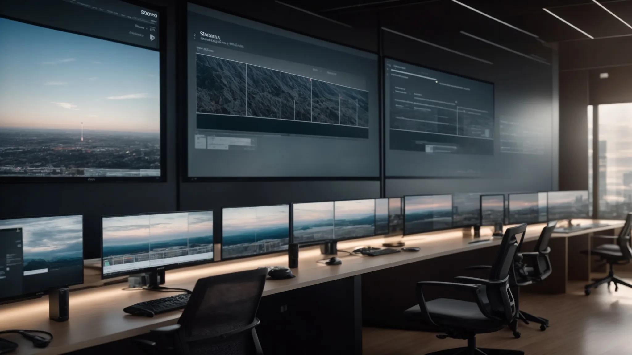 a modern office workspace featuring multiple high-resolution screens displaying seamless integration of encrypted cloud storage with various business applications, set against a sleek, minimalist backdrop that emphasizes productivity and data security.