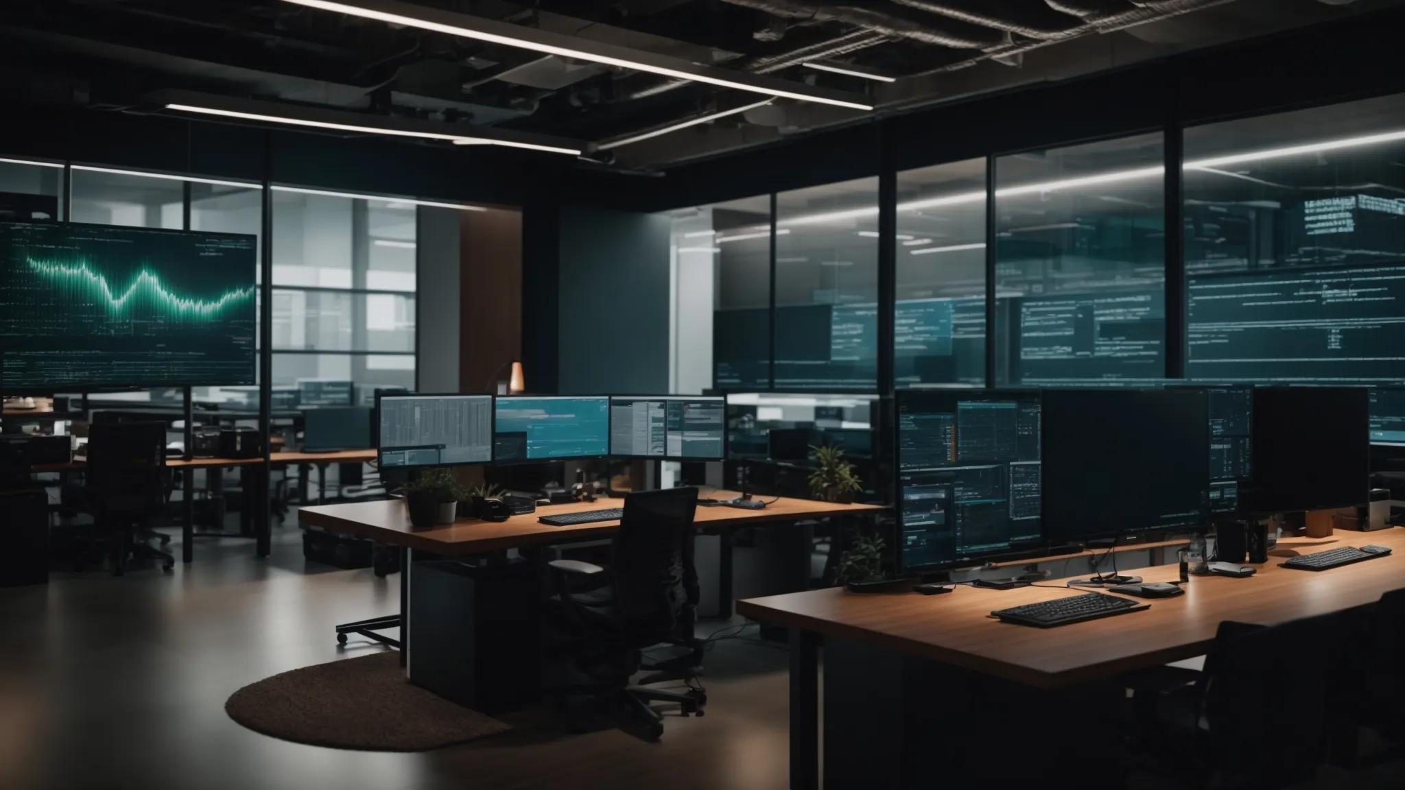 a modern office workspace, featuring sleek computers and digital displays, emphasizes the importance of document encryption, showcasing vibrant infographics on cybersecurity strategies that highlight the effectiveness of layered encryption and data protection measures.