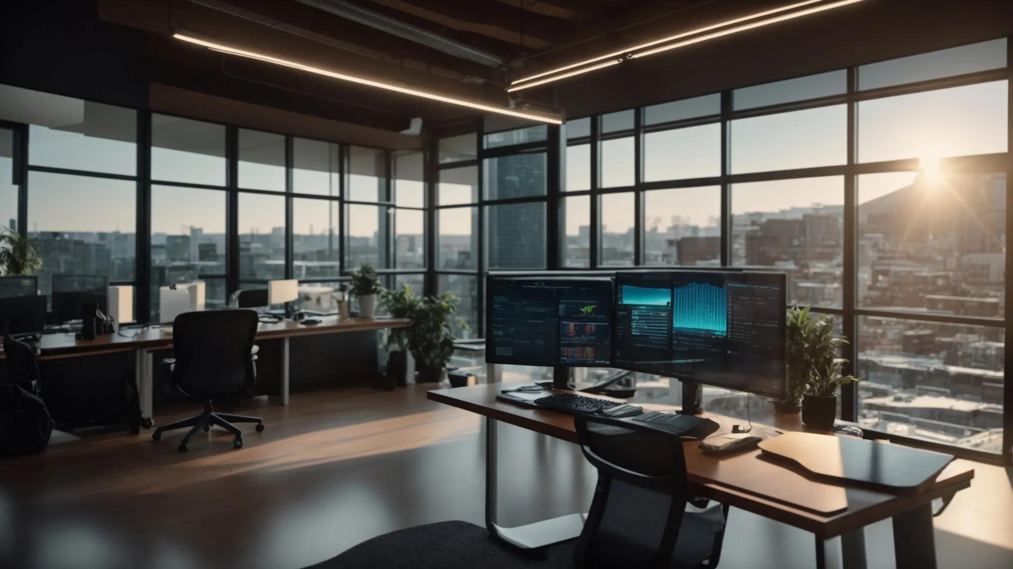 a modern office workspace showcases a sleek, illuminated digital dashboard displaying a detailed analysis of provider pricing and features, reflecting a dynamic and data-driven environment.