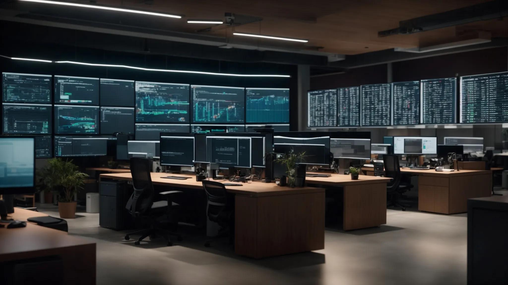 a modern office workspace showcases a sleek digital storage system interface, prominently displaying advanced encryption features and access control dashboards on multiple monitors, illuminated by focused task lighting to emphasize the critical role of cybersecurity in safeguarding sensitive data.