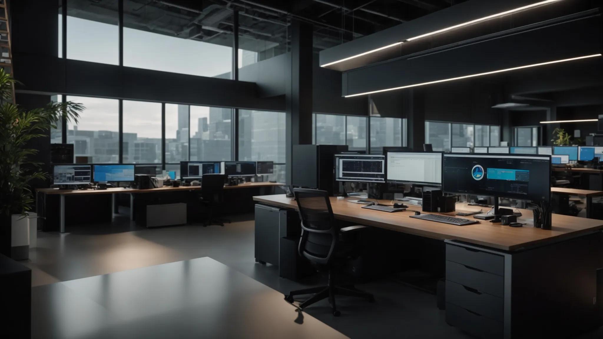 a modern office workspace showcases a sleek, multi-monitor setup displaying an advanced backup system interface, surrounded by organized files and digital security elements, illustrating the vital role of data preservation for businesses and families.