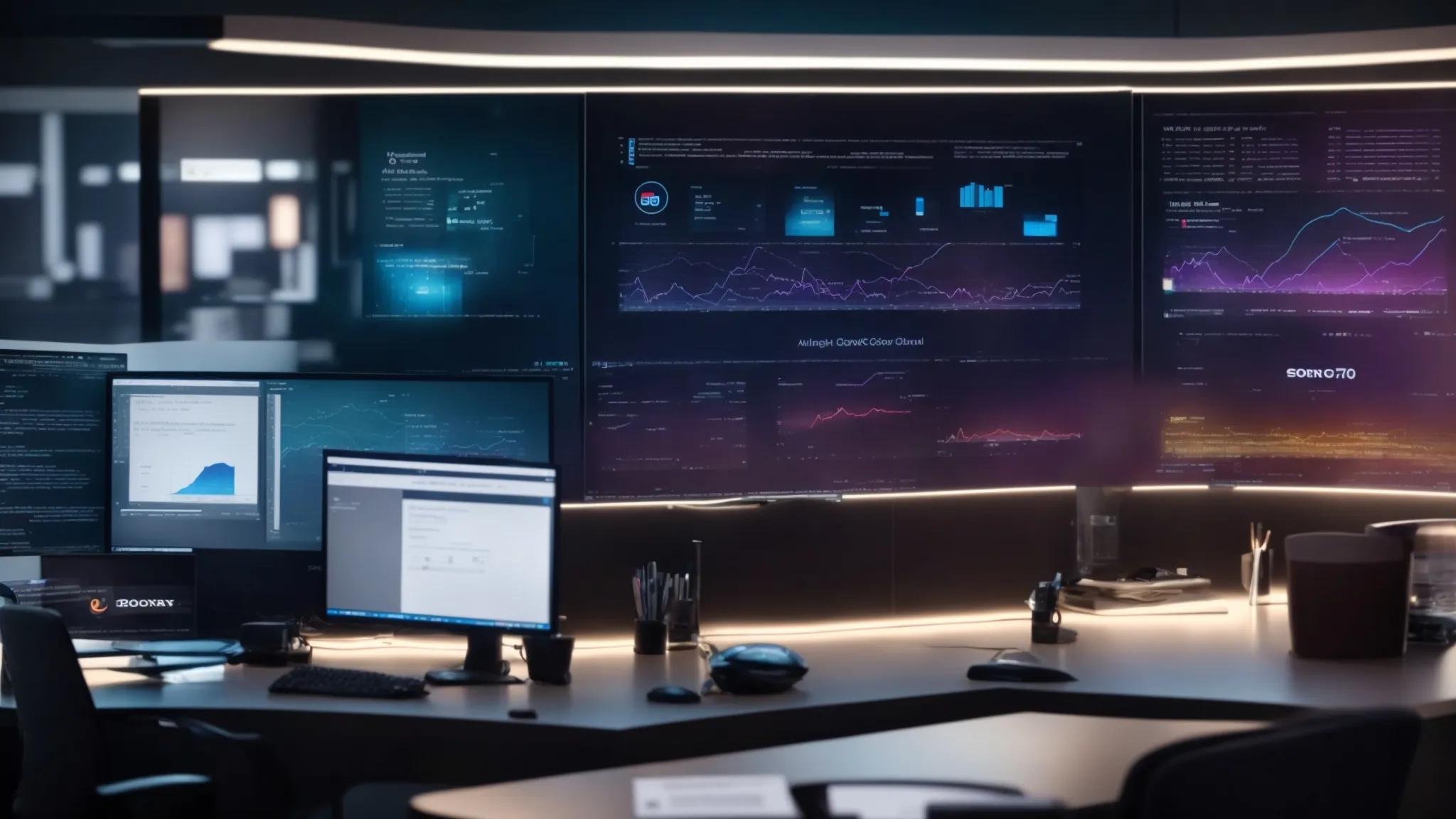 a modern office workspace, showcasing a sleek computer screen displaying an intuitive user interface of docuguardian secure cloud, surrounded by digital security icons and diagrams that represent encryption and data protection, illuminated by cool overhead lighting for a professional atmosphere.
