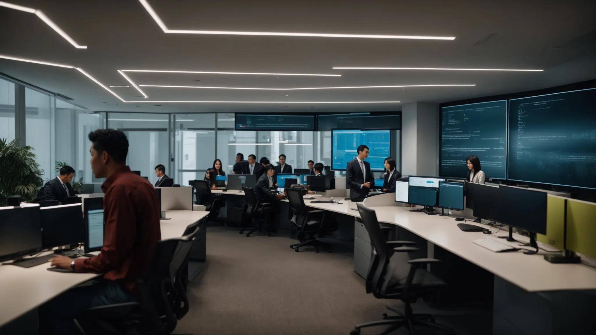 a modern, sleek office environment features a diverse team gathered around a digital display, collaborating on secured documents with clear visuals of access control and encryption icons, emphasizing the importance of document governance and security in their decision-making process.