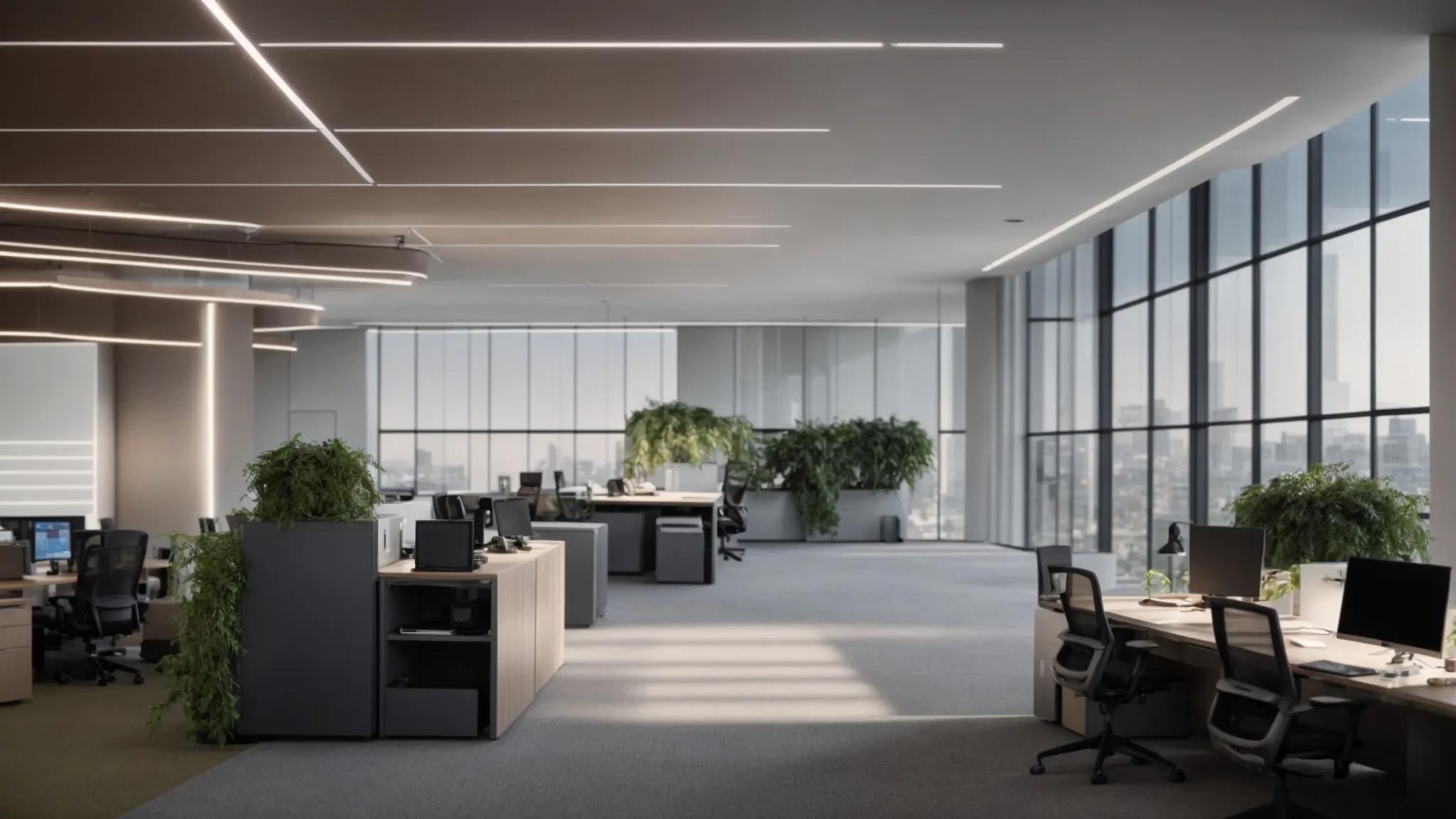 a modern, sleek office space features a secure digital storage unit prominently displayed, surrounded by sophisticated technology and digital security elements, symbolizing effective user access control and data protection in a corporate environment.